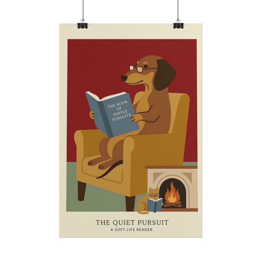 The Quiet Pursuit Reading Dog Rolled Poster | Booklover Wall Art, Fireplace Illustration
