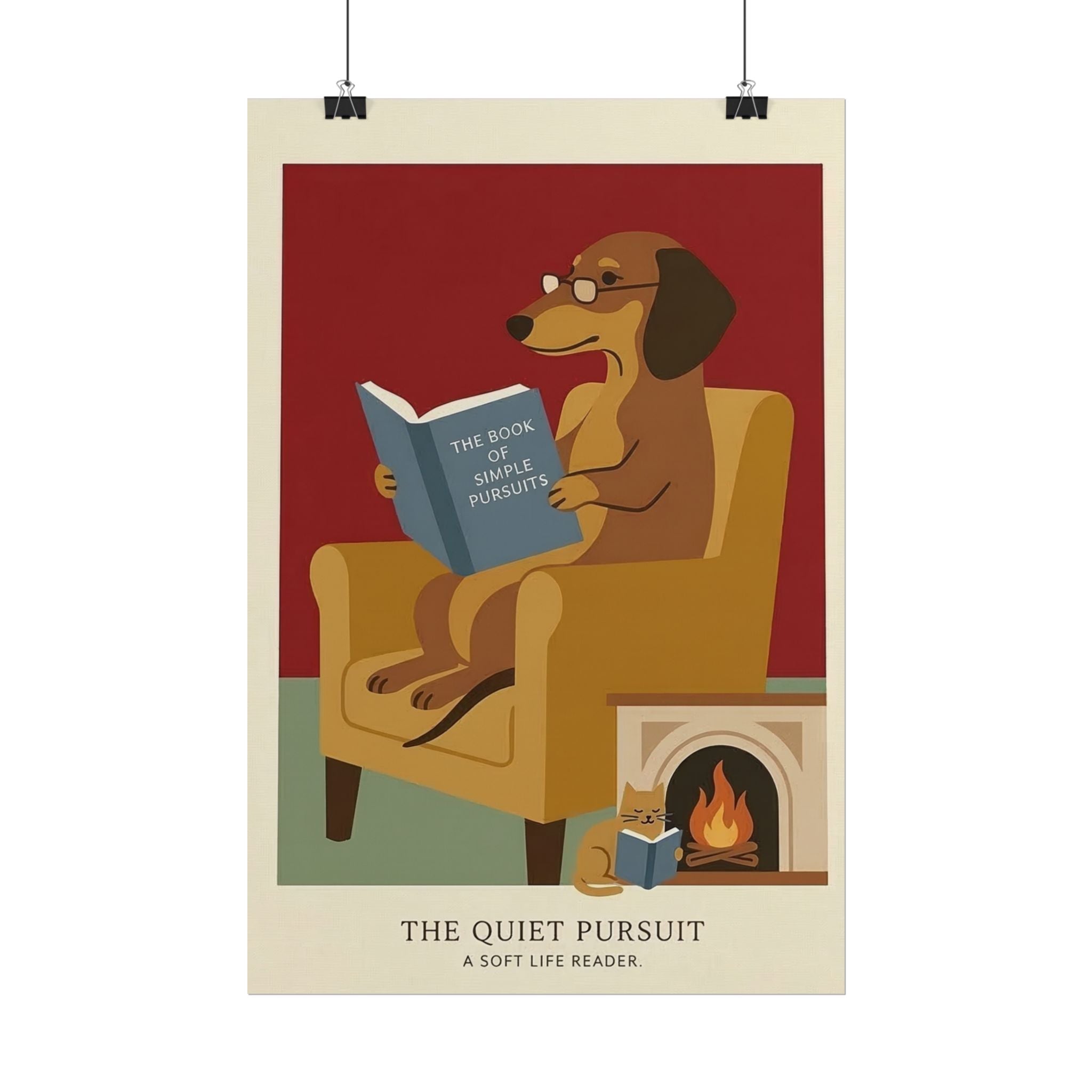 The Quiet Pursuit Reading Dog Rolled Poster | Booklover Wall Art, Fireplace Illustration