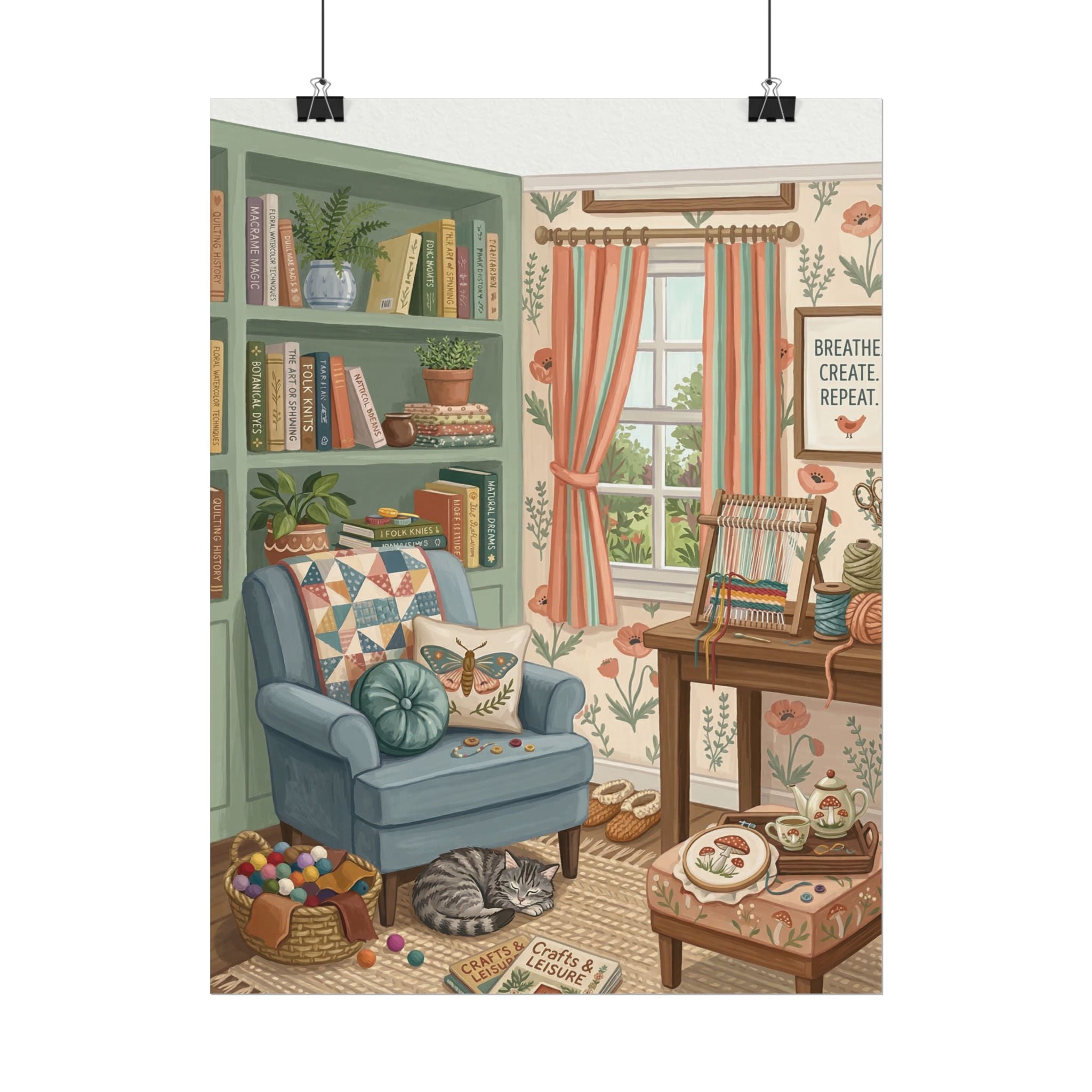 Homely Knitting Nook Poster Rolled Posters | Cat, Armchair, Bookshelf