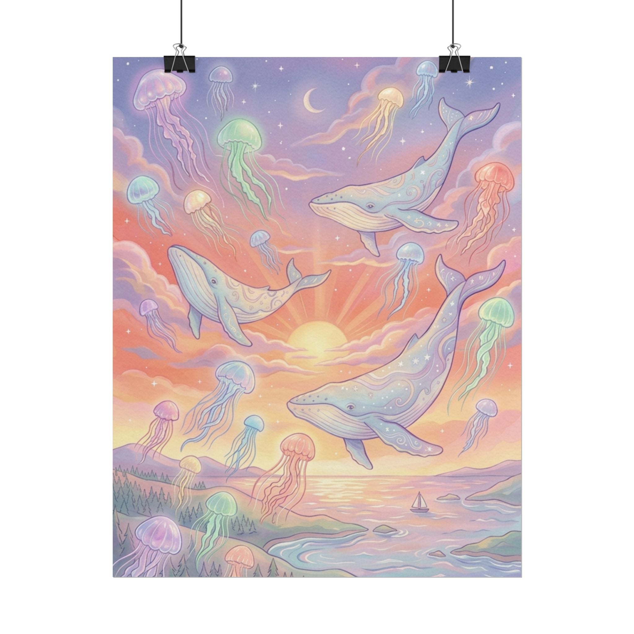 Whale and Jellyfish Sunset Whimsical Rolled Poster | Ocean Fantasy Wall Art