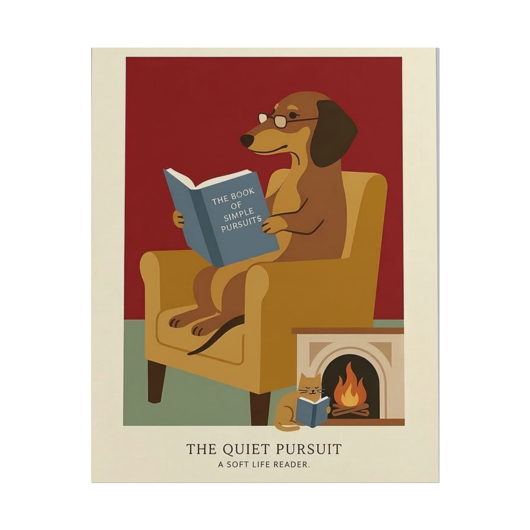 The Quiet Pursuit Reading Dog Rolled Poster | Booklover Wall Art, Fireplace Illustration