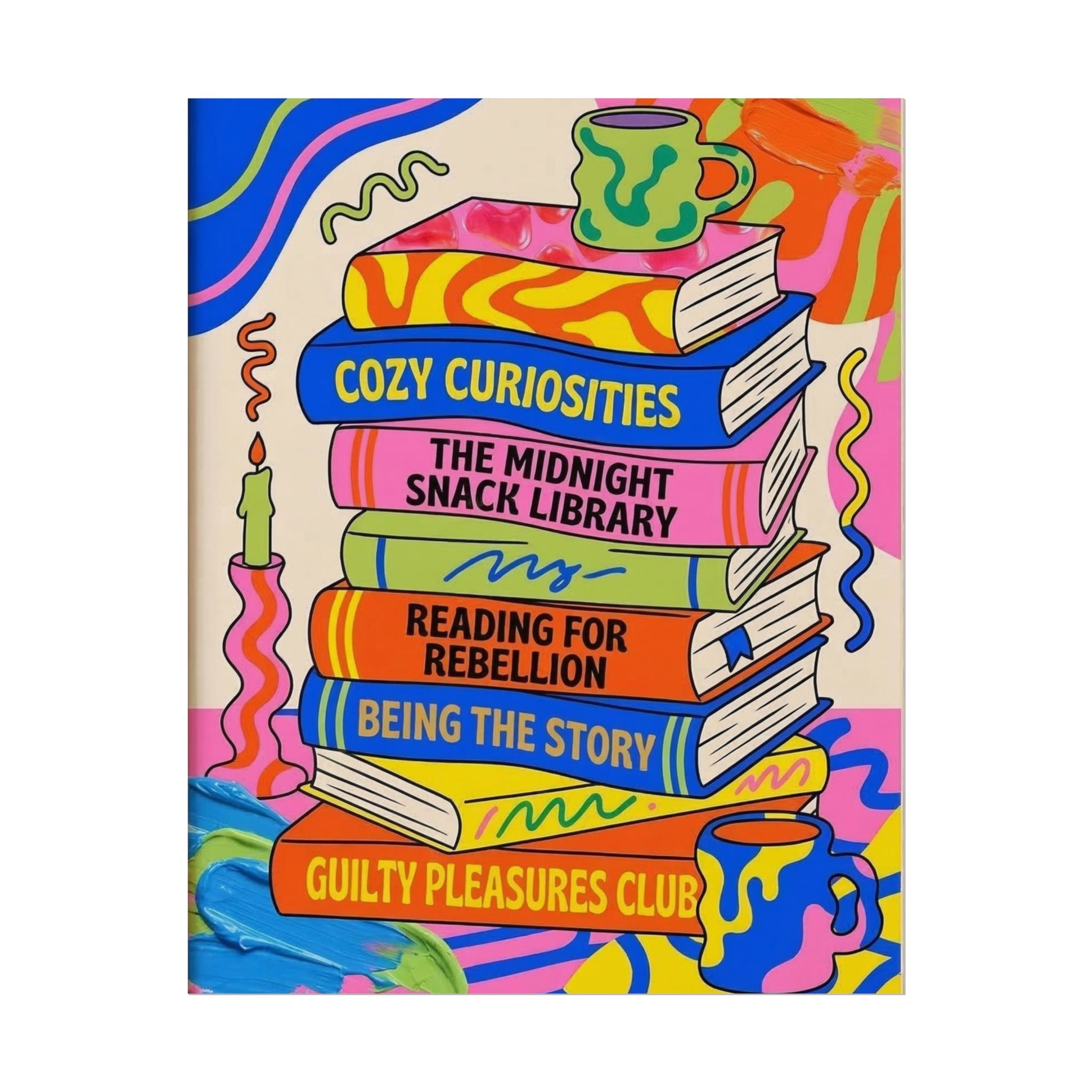 Cozy Curiosities Book Stack Rolled Poster | Colorful Reading Art Print