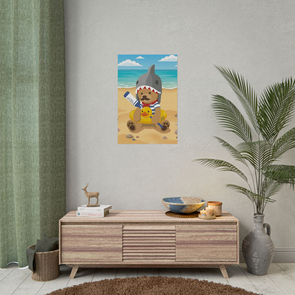 Bear in Shark Hat and ducky lifebuoy Beach Poster | Rolled Poster, Cute Summer Animal Wall Art