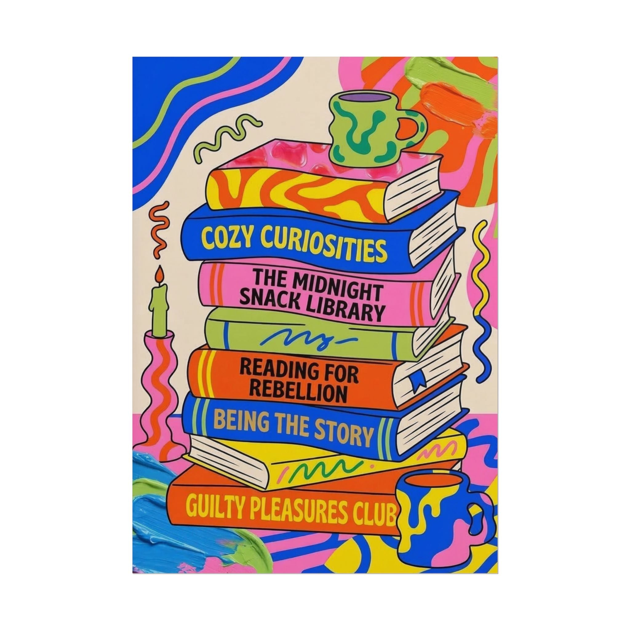 Cozy Curiosities Book Stack Rolled Poster | Colorful Reading Art Print