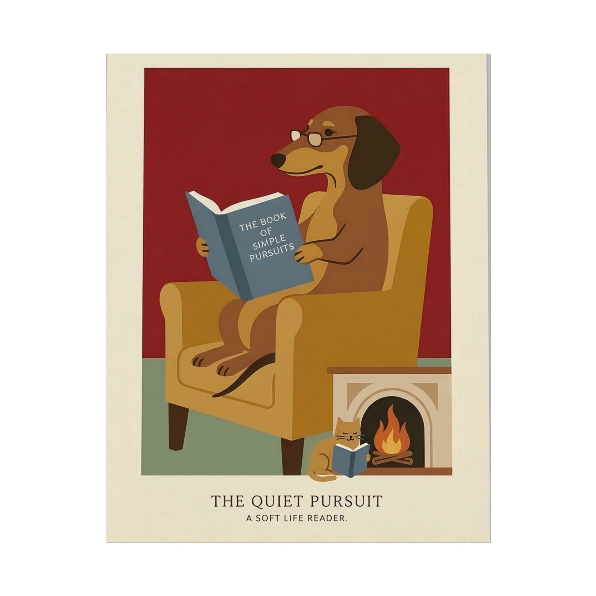 The Quiet Pursuit Reading Dog Rolled Poster | Booklover Wall Art, Fireplace Illustration