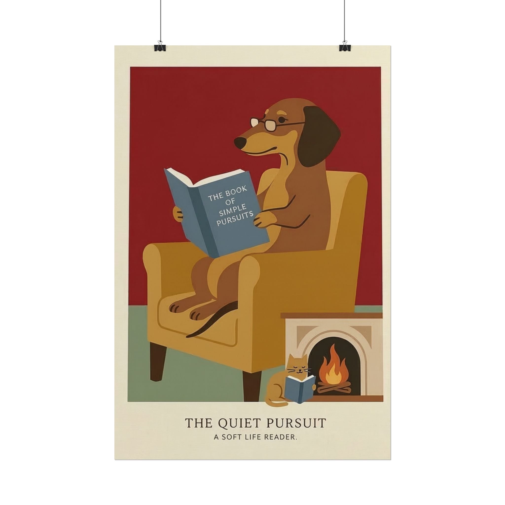 The Quiet Pursuit Reading Dog Rolled Poster | Booklover Wall Art, Fireplace Illustration