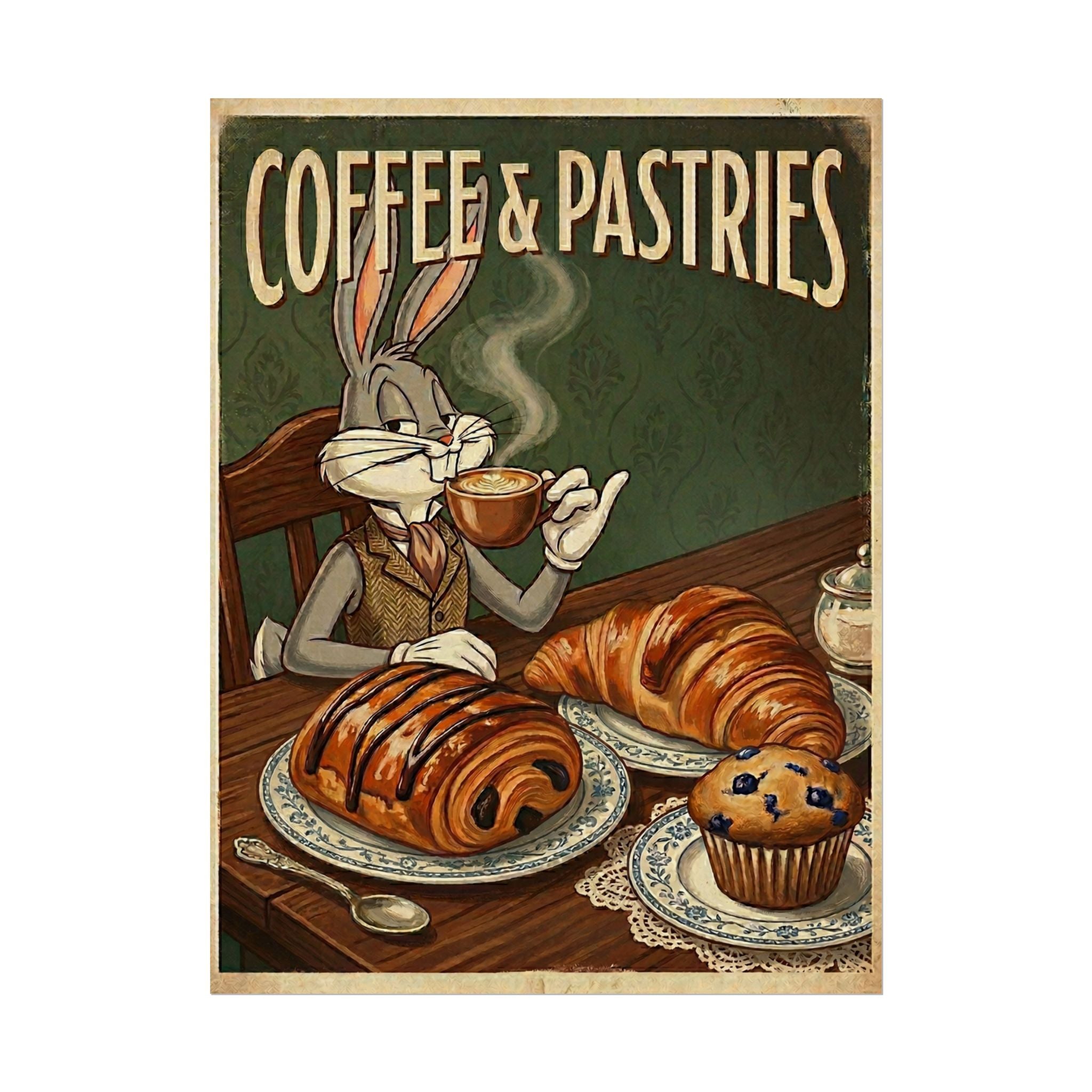 Coffee & Pastries Bugs Bunny Rabbit Rolled Poster | Vintage Bunny Cafe Wall Art
