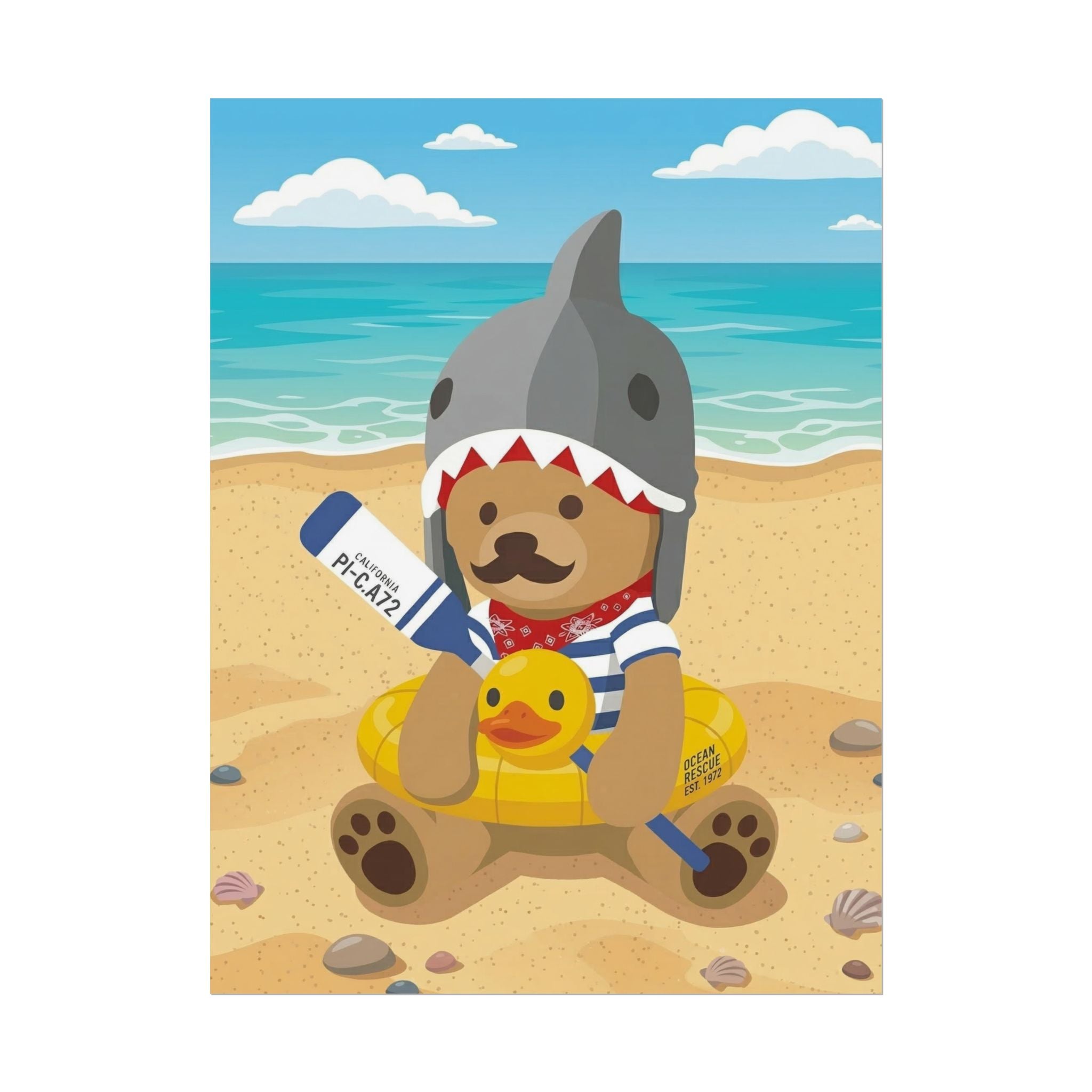 Bear in Shark Hat and ducky lifebuoy Beach Poster | Rolled Poster, Cute Summer Animal Wall Art