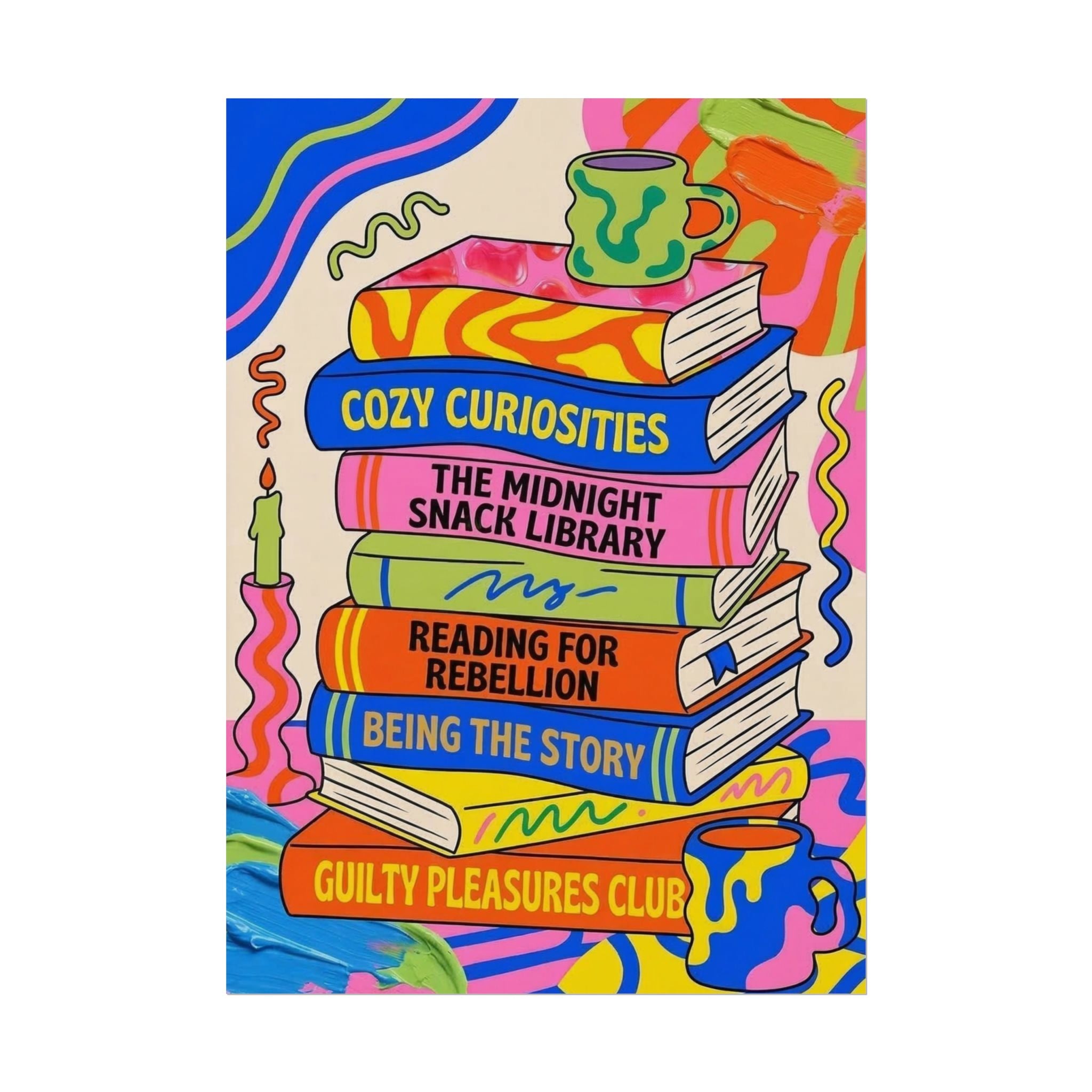 Cozy Curiosities Book Stack Rolled Poster | Colorful Reading Art Print