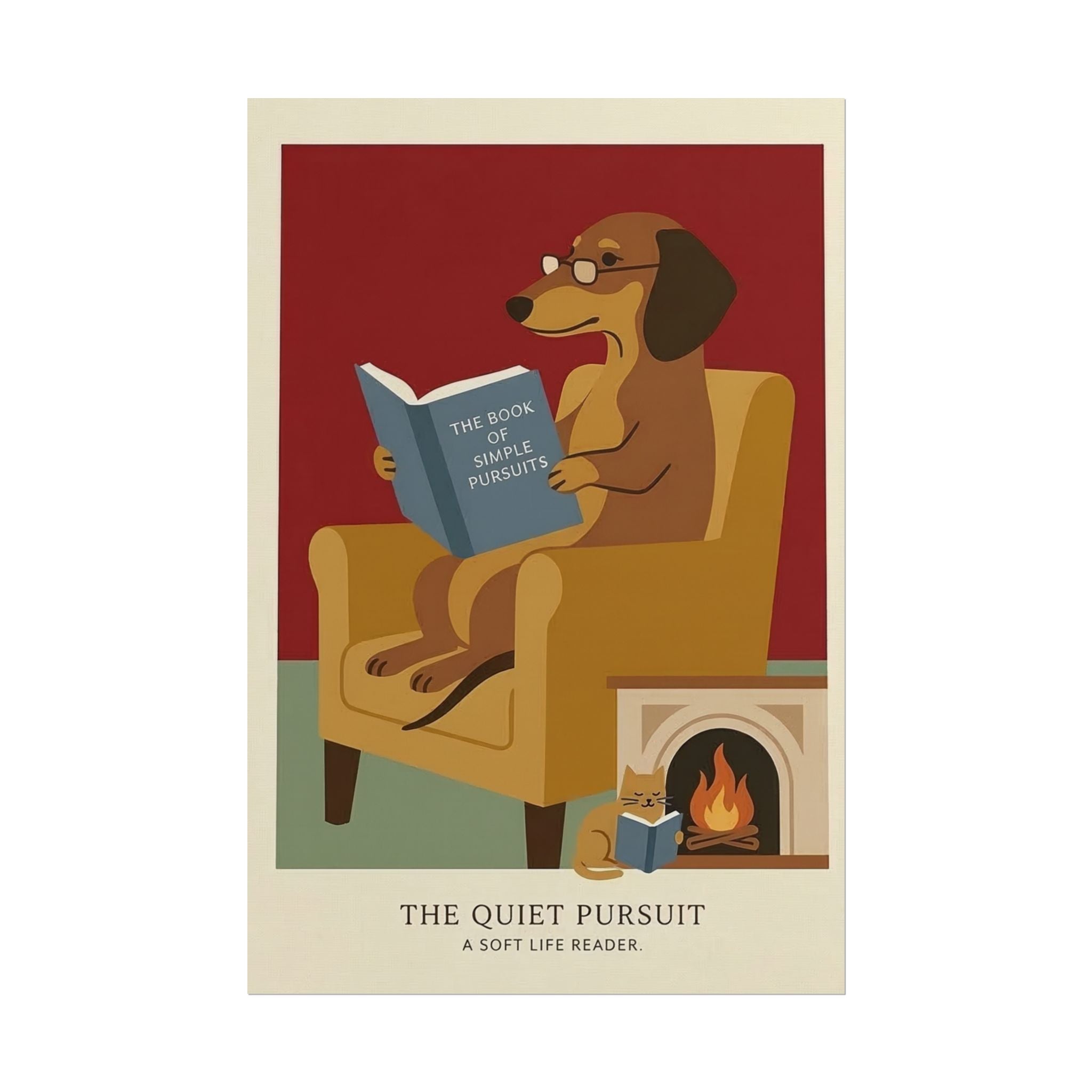 The Quiet Pursuit Reading Dog Rolled Poster | Booklover Wall Art, Fireplace Illustration