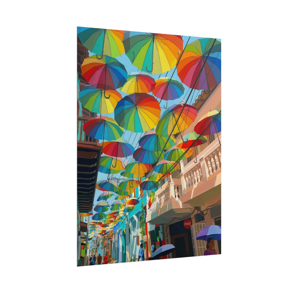 Colorful Hanging Umbrellas Rolled Poster | Rainbow Street Art Print