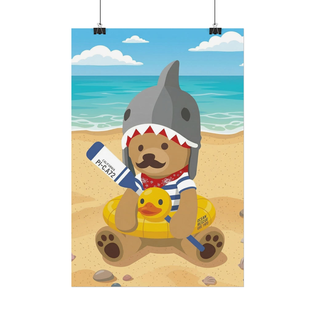 Bear in Shark Hat and ducky lifebuoy Beach Poster | Rolled Poster, Cute Summer Animal Wall Art