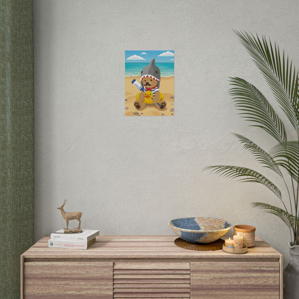 Bear in Shark Hat and ducky lifebuoy Beach Poster | Rolled Poster, Cute Summer Animal Wall Art
