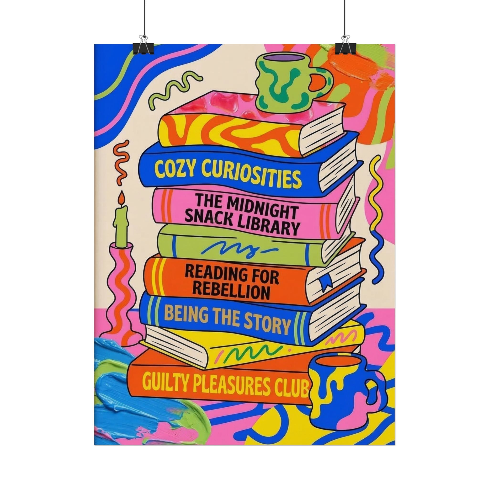 Cozy Curiosities Book Stack Rolled Poster | Colorful Reading Art Print