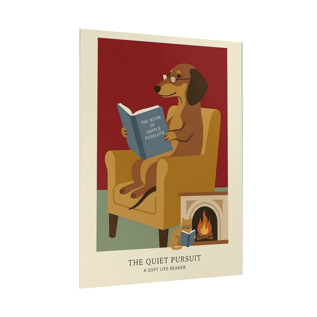 The Quiet Pursuit Reading Dog Rolled Poster | Booklover Wall Art, Fireplace Illustration