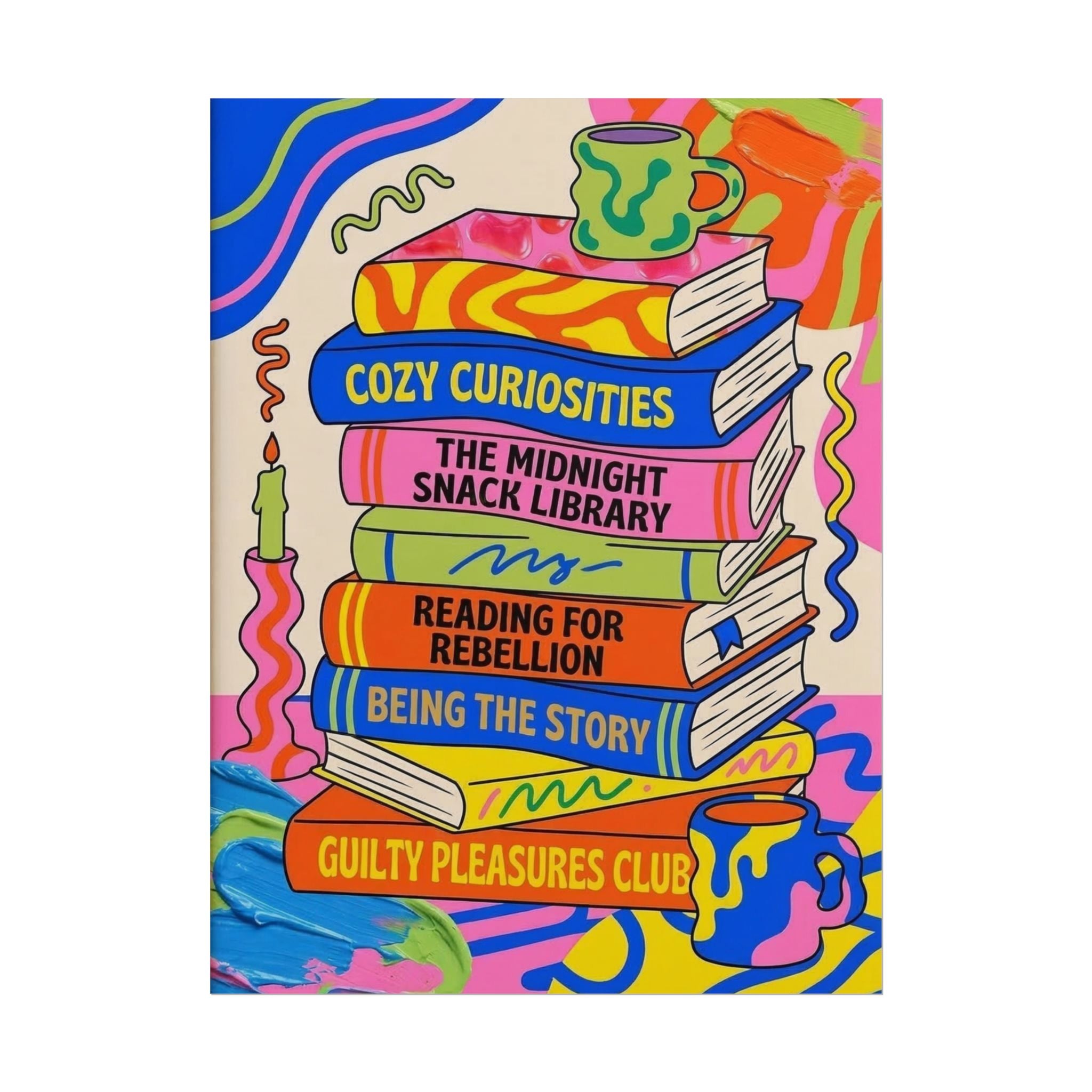Cozy Curiosities Book Stack Rolled Poster | Colorful Reading Art Print