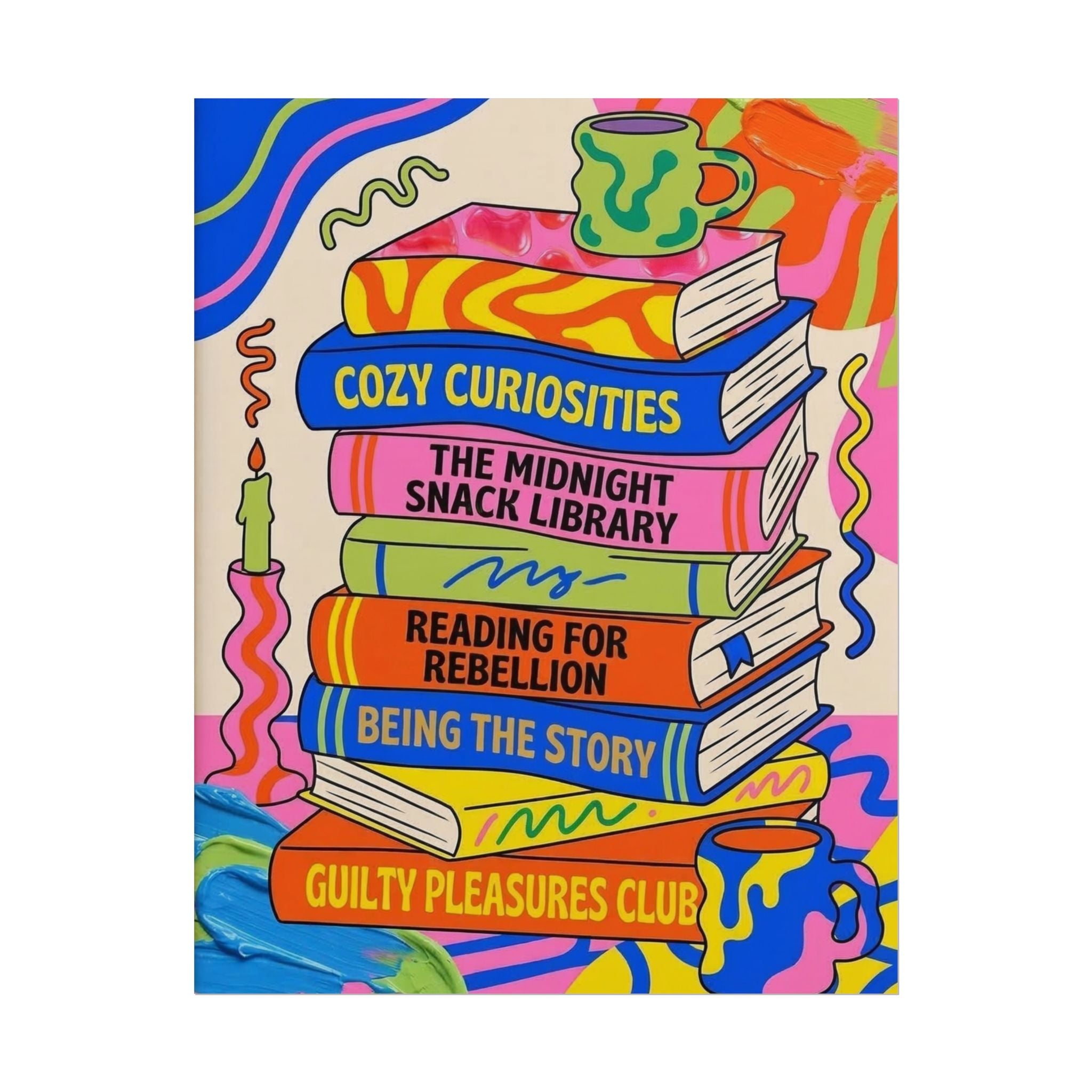 Cozy Curiosities Book Stack Rolled Poster | Colorful Reading Art Print