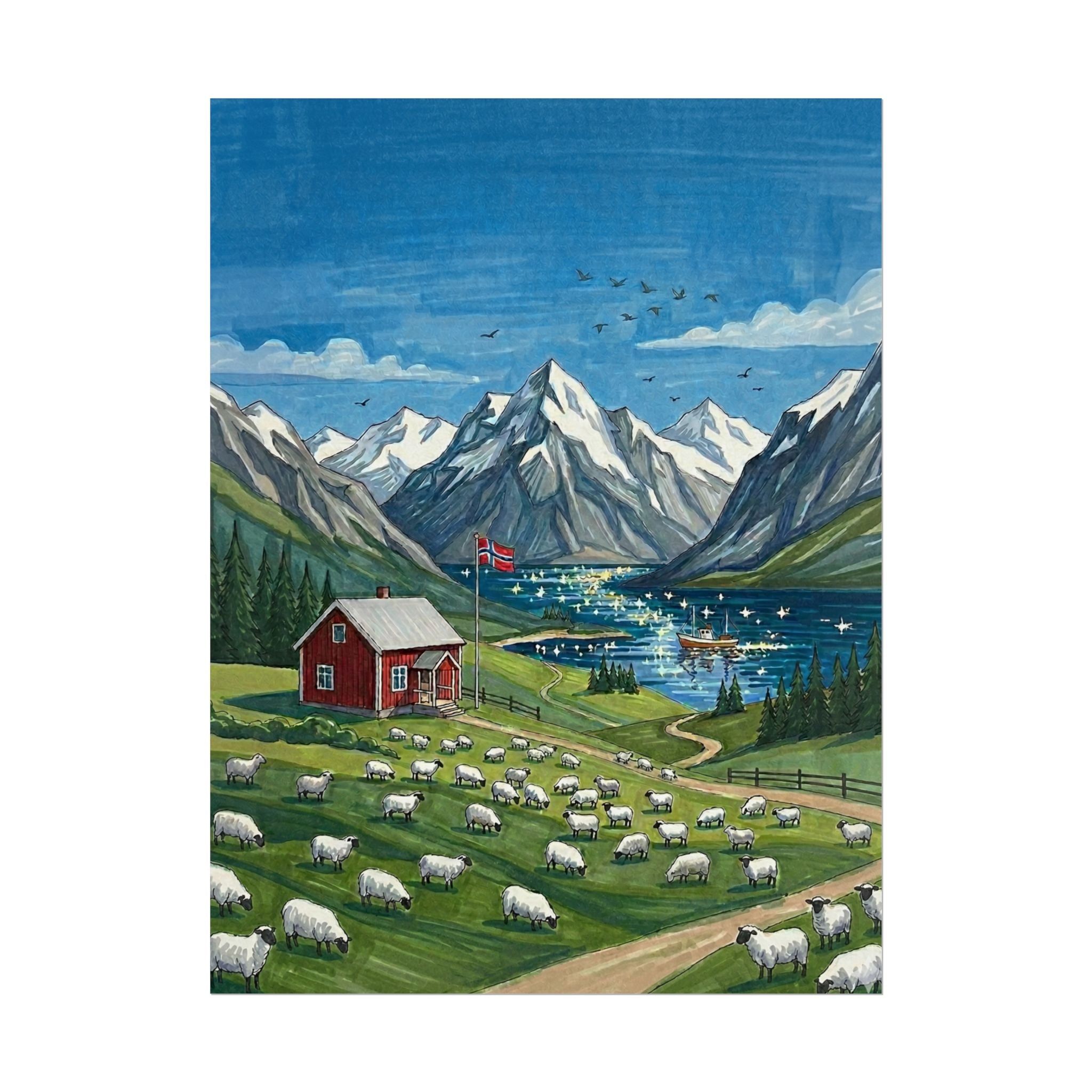 Norwegian Fjord Sheep Pasture Rolled Poster | Mountain Lake Landscape