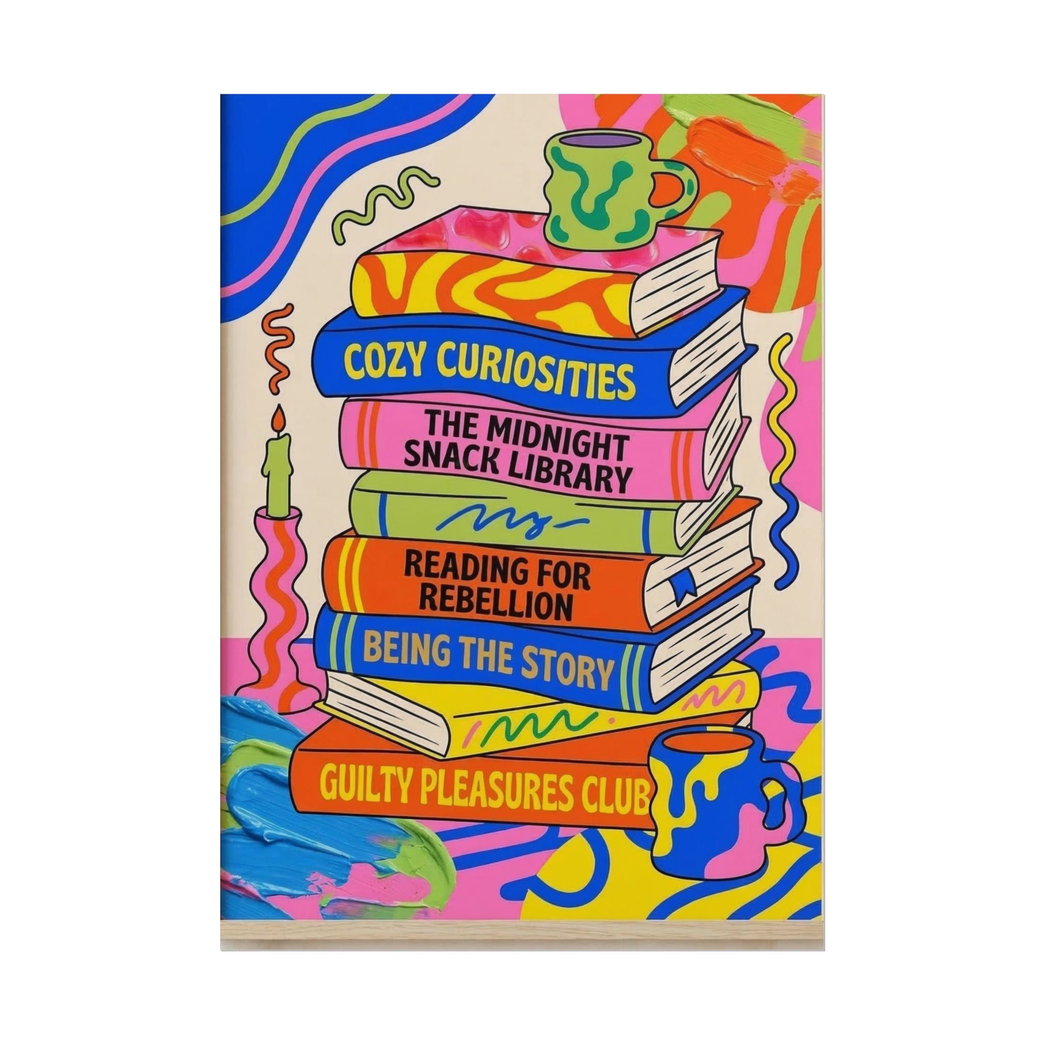 Cozy Curiosities Book Stack Rolled Poster | Colorful Reading Art Print