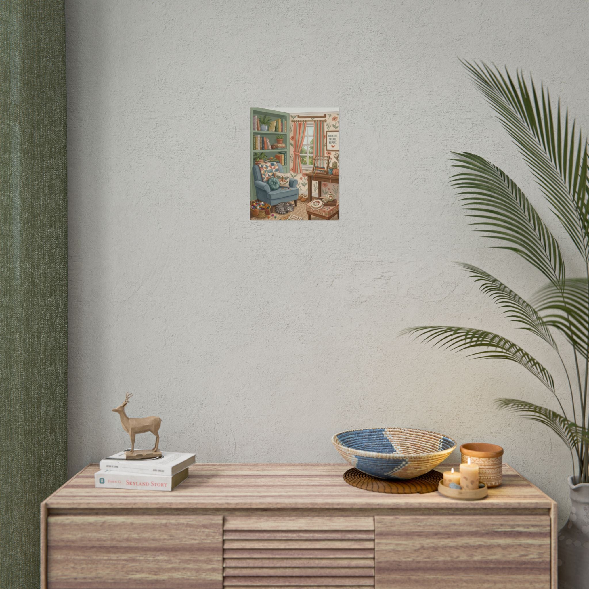 Homely Knitting Nook Poster Rolled Posters | Cat, Armchair, Bookshelf