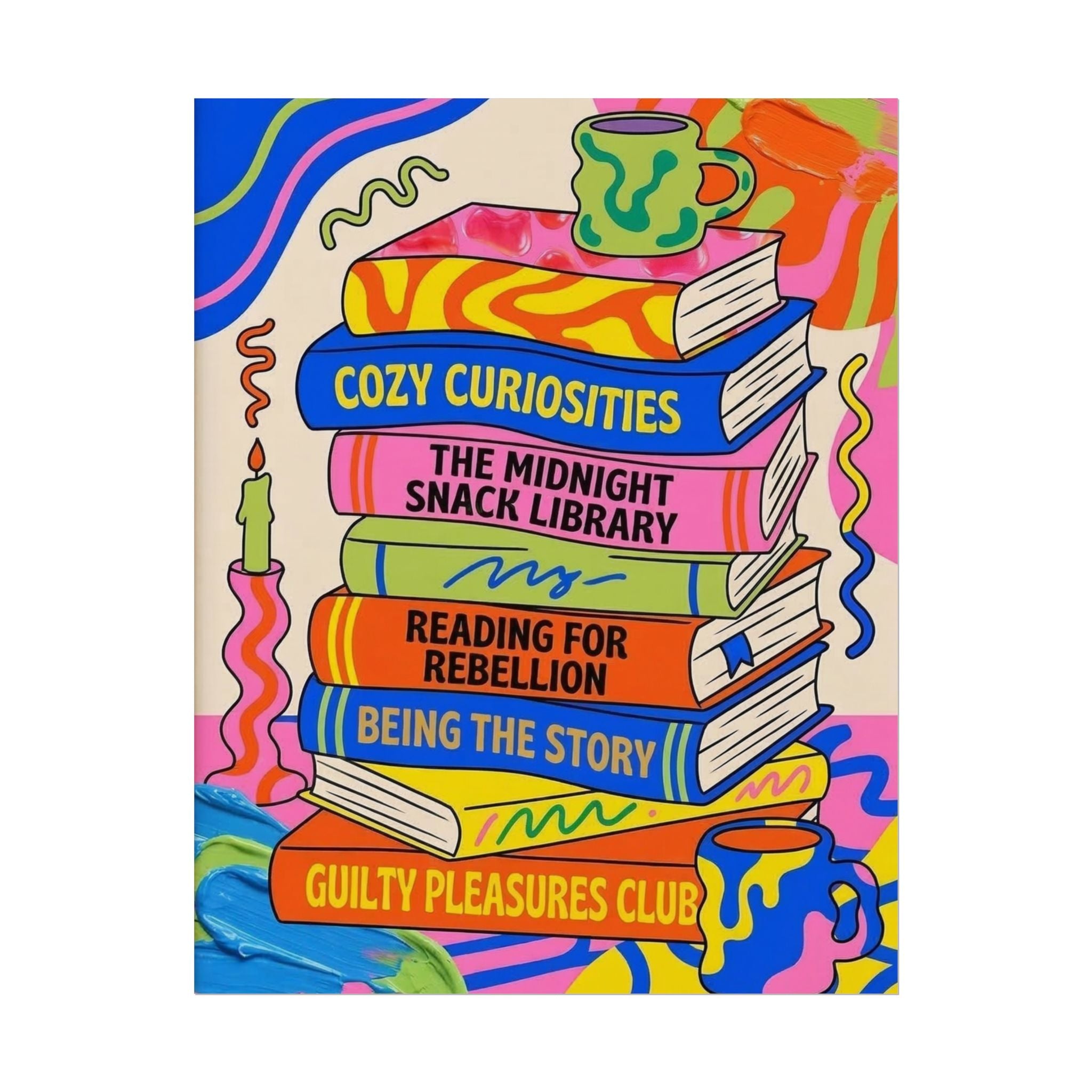 Cozy Curiosities Book Stack Rolled Poster | Colorful Reading Art Print
