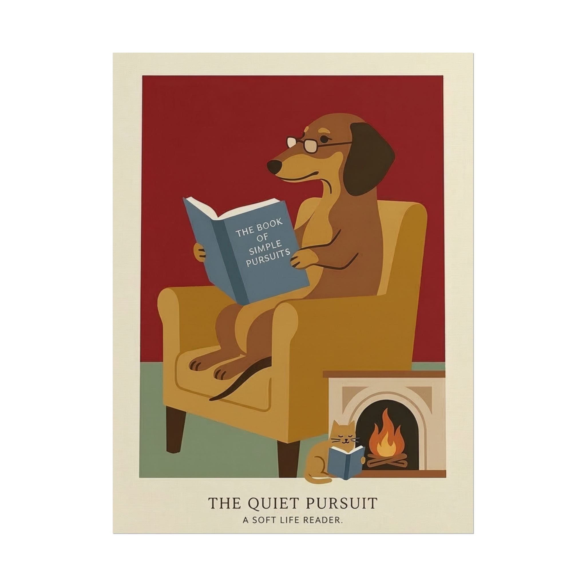 The Quiet Pursuit Reading Dog Rolled Poster | Booklover Wall Art, Fireplace Illustration