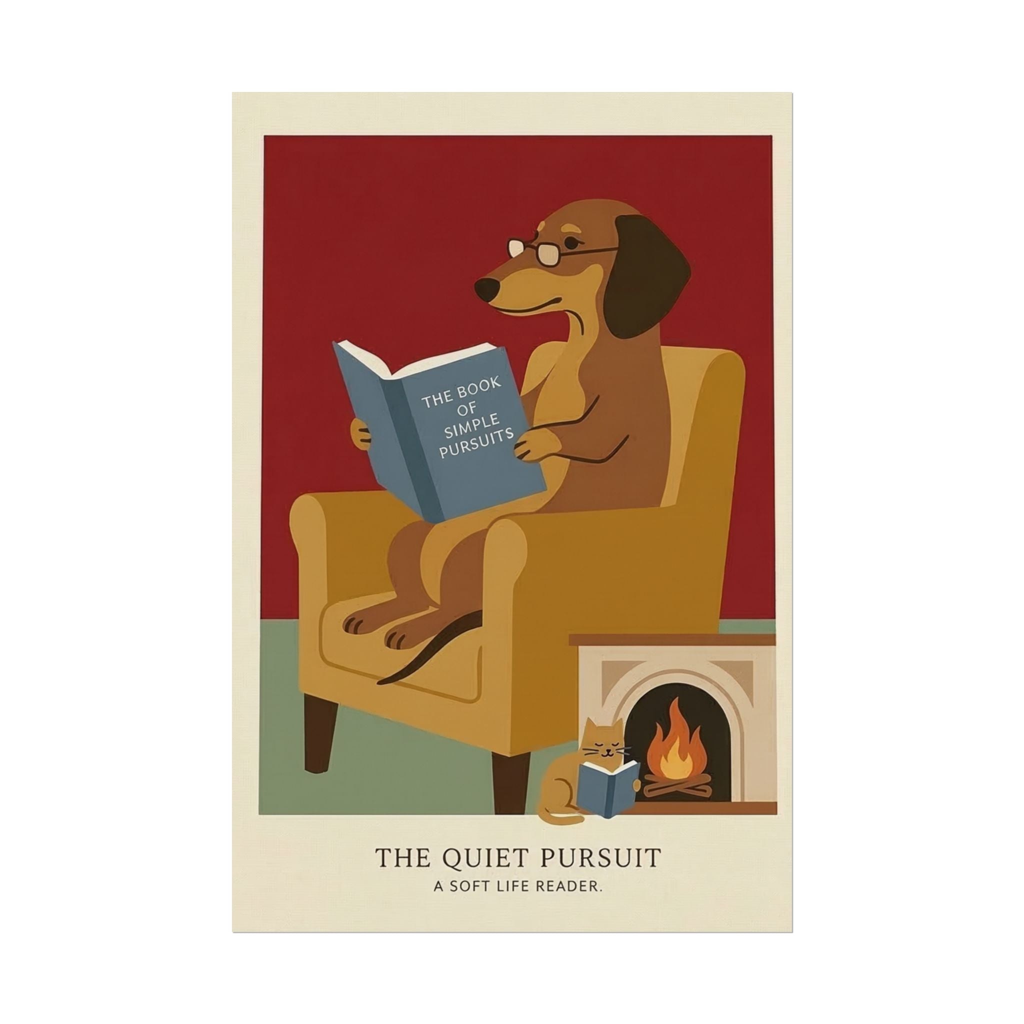 The Quiet Pursuit Reading Dog Rolled Poster | Booklover Wall Art, Fireplace Illustration