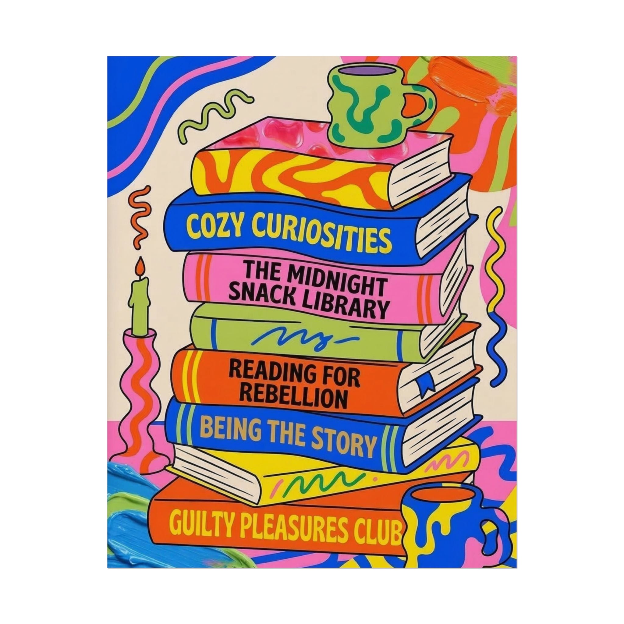 Cozy Curiosities Book Stack Rolled Poster | Colorful Reading Art Print