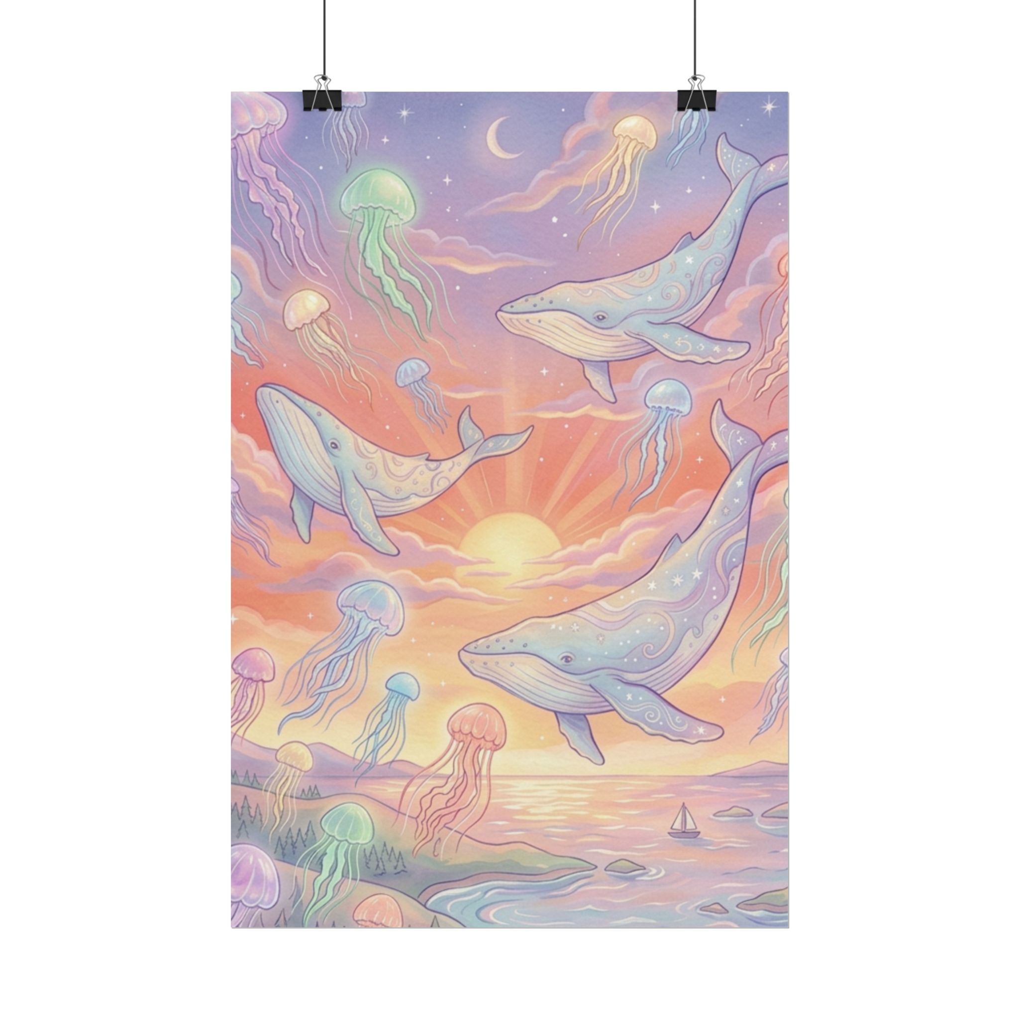 Whale and Jellyfish Sunset Whimsical Rolled Poster | Ocean Fantasy Wall Art