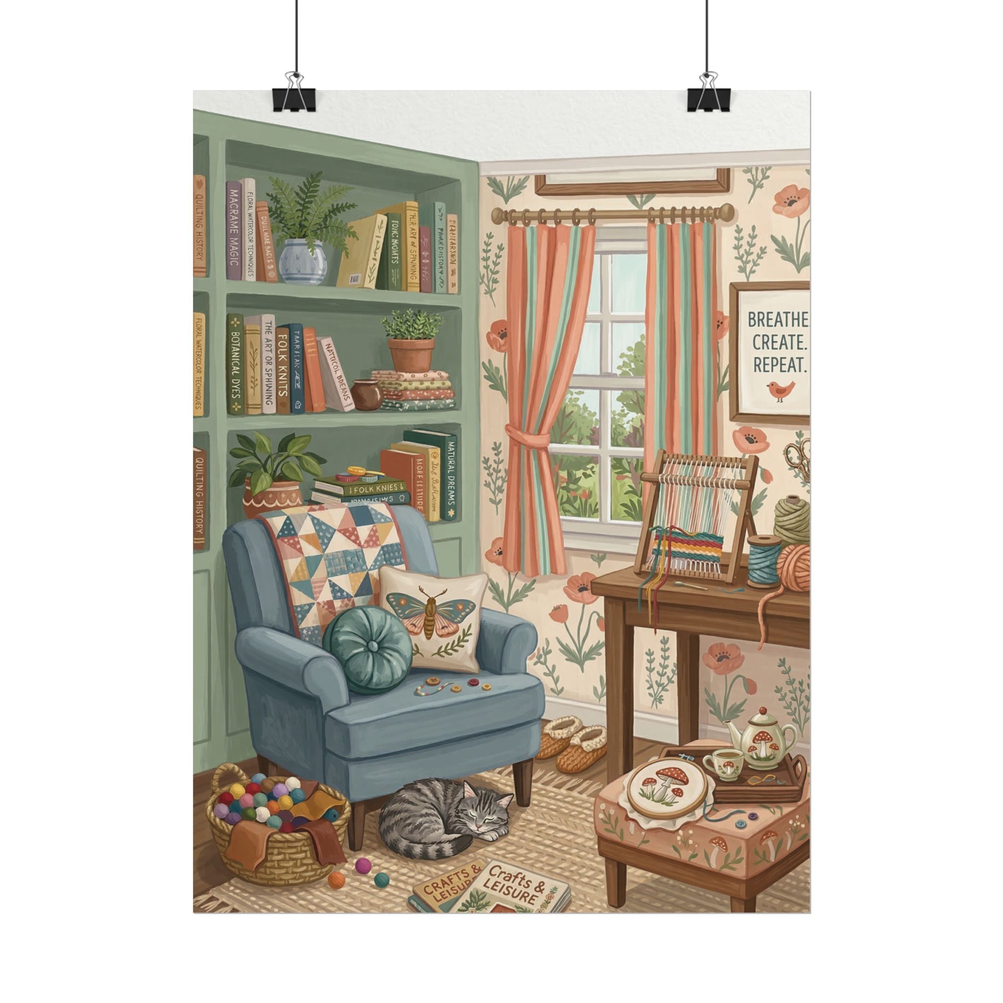 Homely Knitting Nook Poster Rolled Posters | Cat, Armchair, Bookshelf
