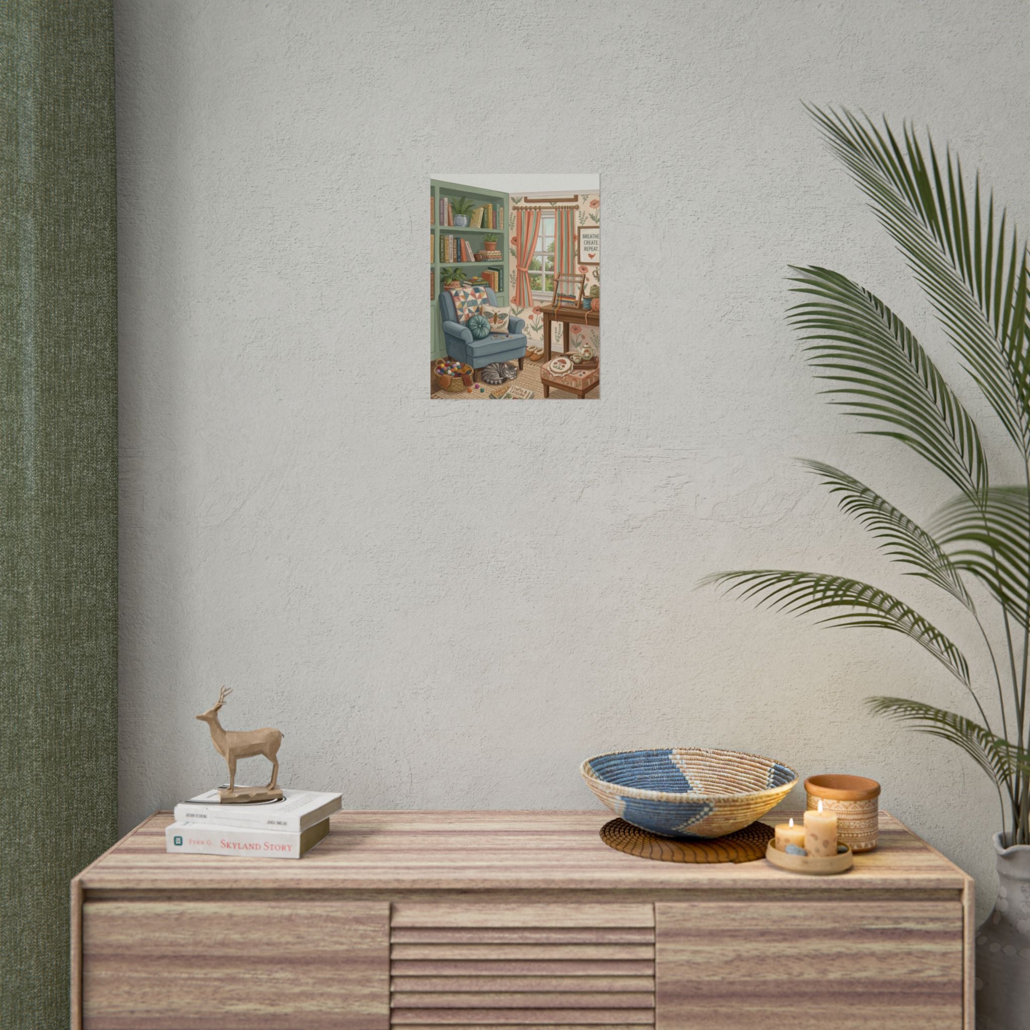 Homely Knitting Nook Poster Rolled Posters | Cat, Armchair, Bookshelf