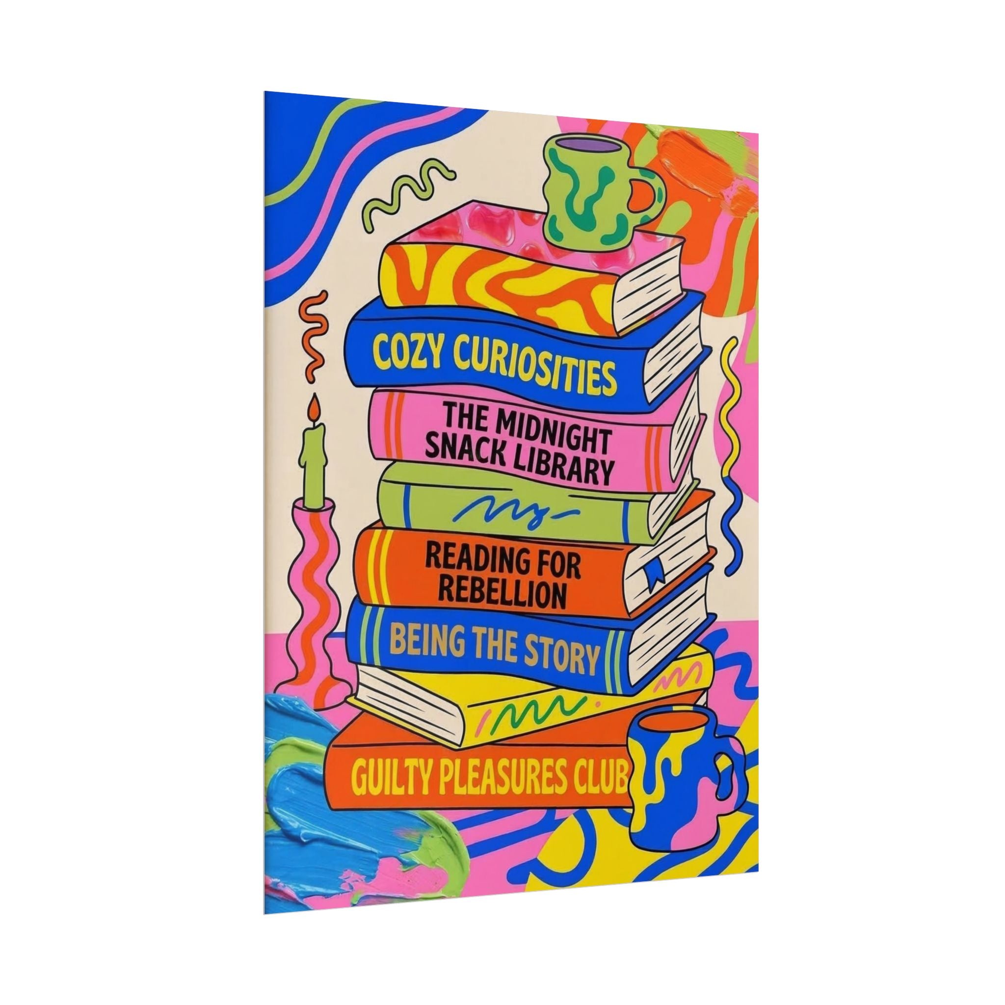 Cozy Curiosities Book Stack Rolled Poster | Colorful Reading Art Print