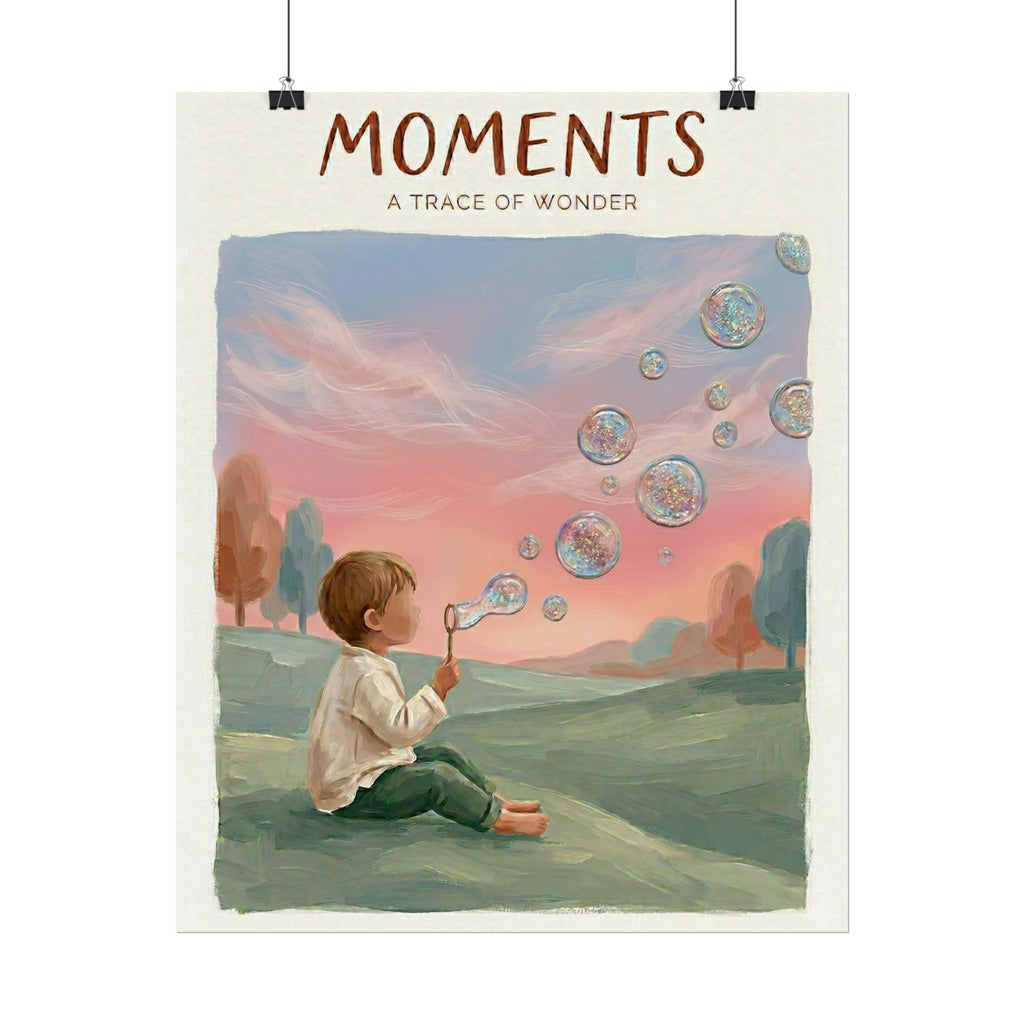 Moments A Trace of Wonder poster Rolled Poster | Child blowing bubbles illustration