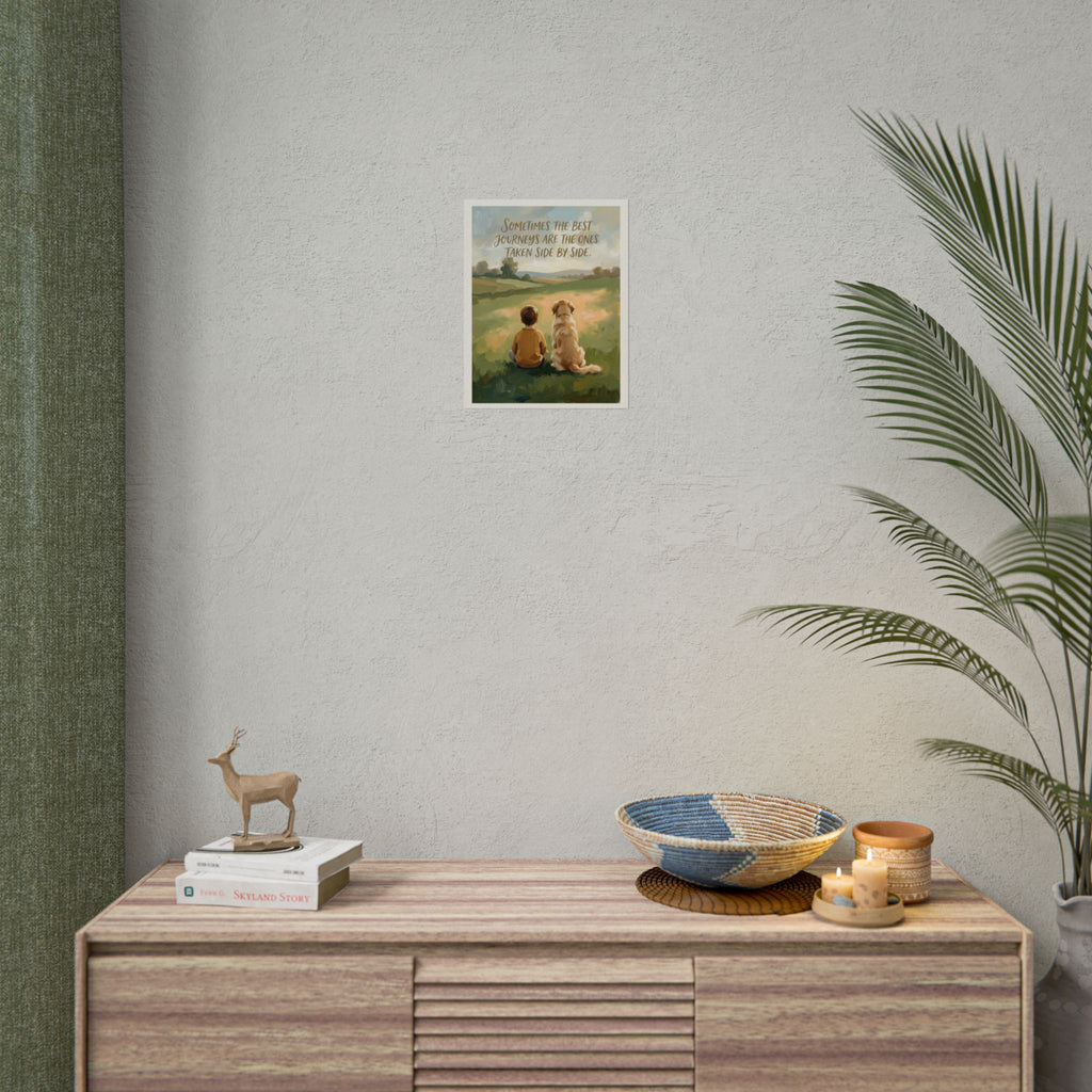 Boy and Dog Watching Sunset Rolled Poster | Minimalistic acrylic art poster