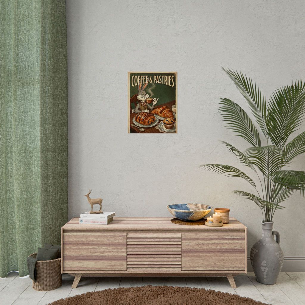 Coffee & Pastries Bugs Bunny Rabbit Rolled Poster | Vintage Bunny Cafe Wall Art