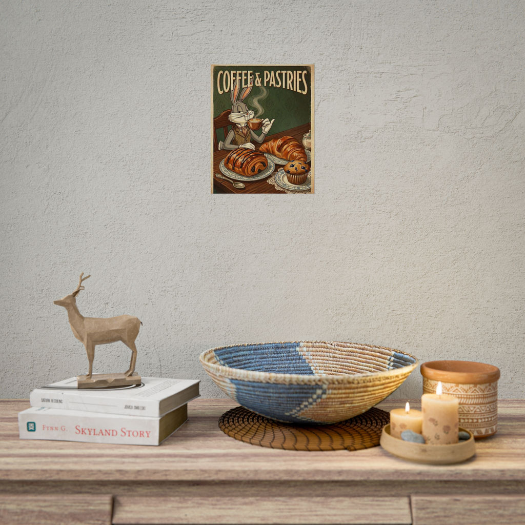 Coffee & Pastries Bugs Bunny Rabbit Rolled Poster | Vintage Bunny Cafe Wall Art