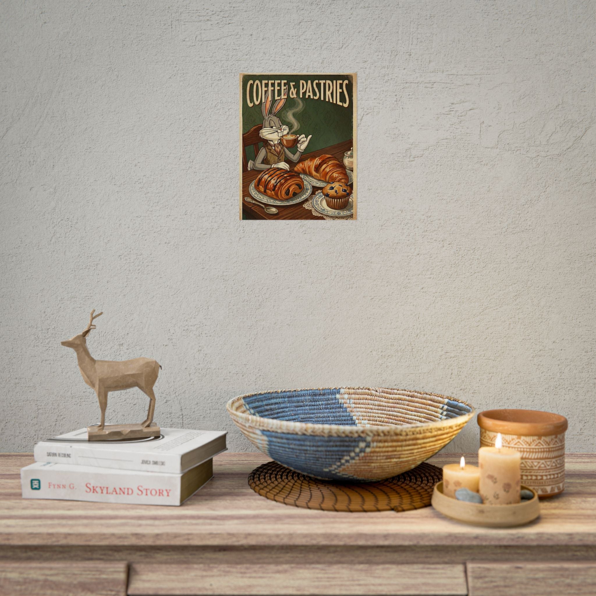 Coffee & Pastries Bugs Bunny Rabbit Rolled Poster | Vintage Bunny Cafe Wall Art