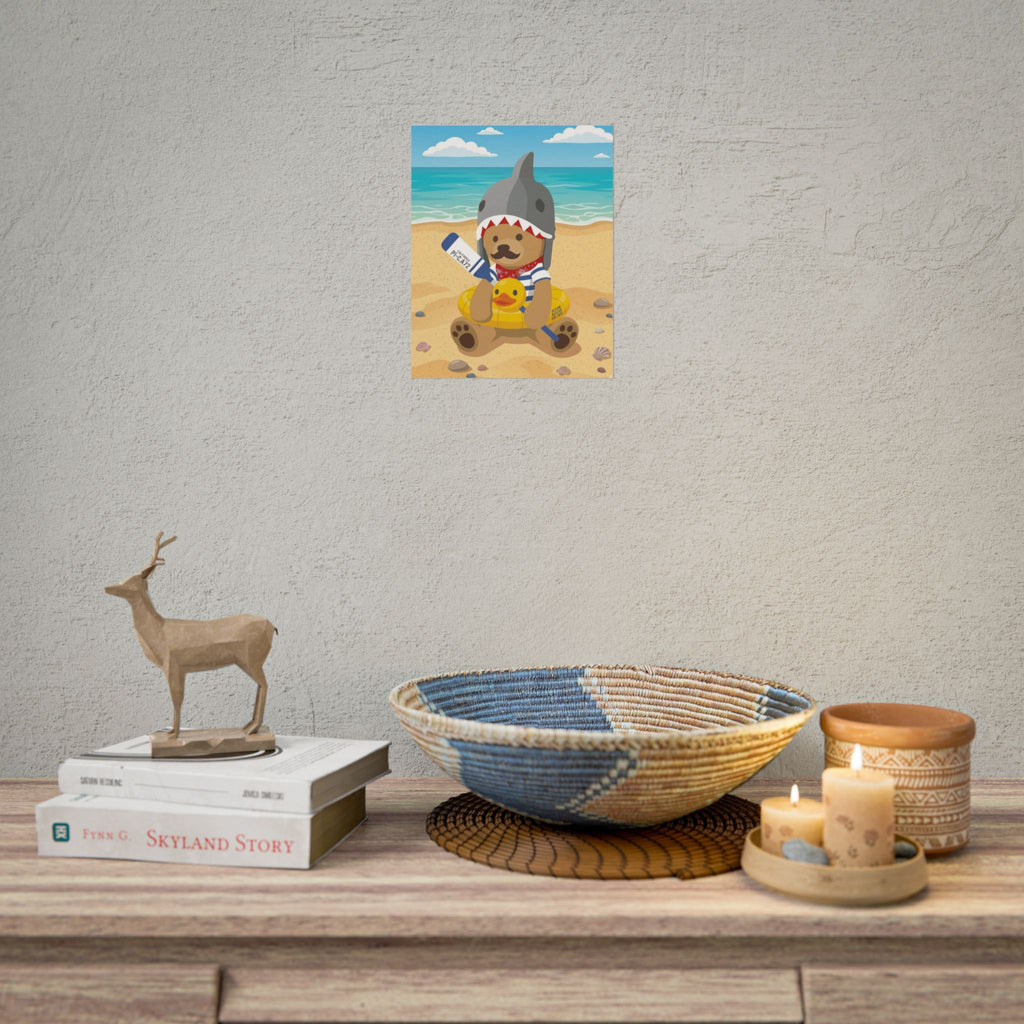 Bear in Shark Hat and ducky lifebuoy Beach Poster | Rolled Poster, Cute Summer Animal Wall Art