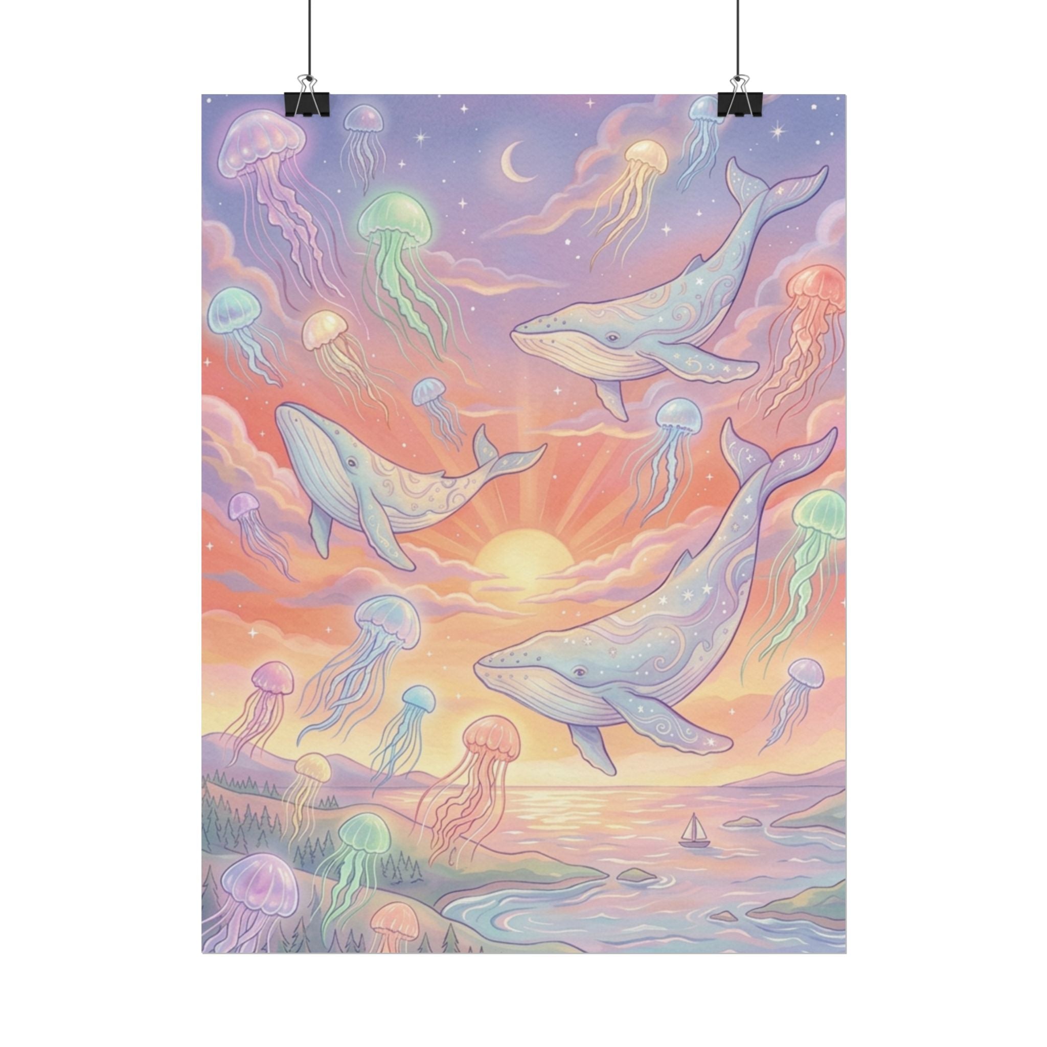 Whale and Jellyfish Sunset Whimsical Rolled Poster | Ocean Fantasy Wall Art