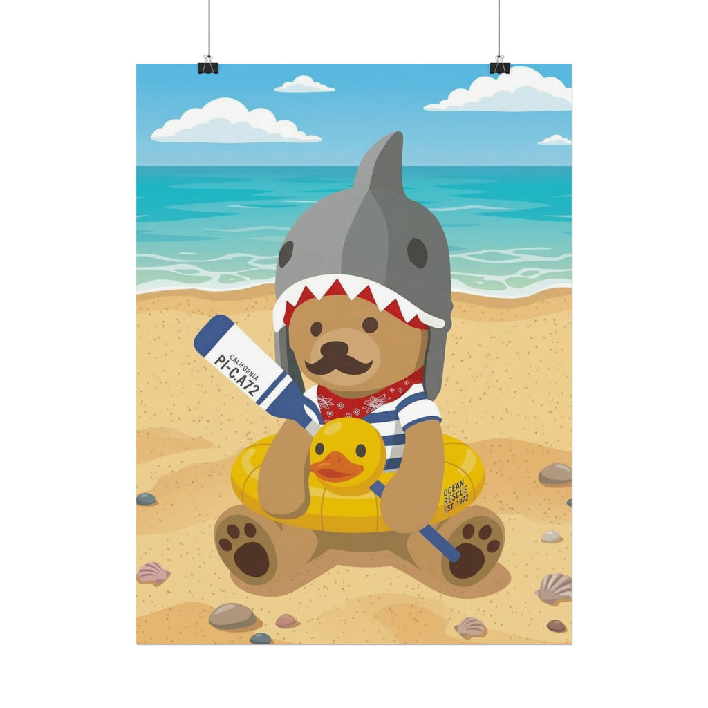 Bear in Shark Hat and ducky lifebuoy Beach Poster | Rolled Poster, Cute Summer Animal Wall Art
