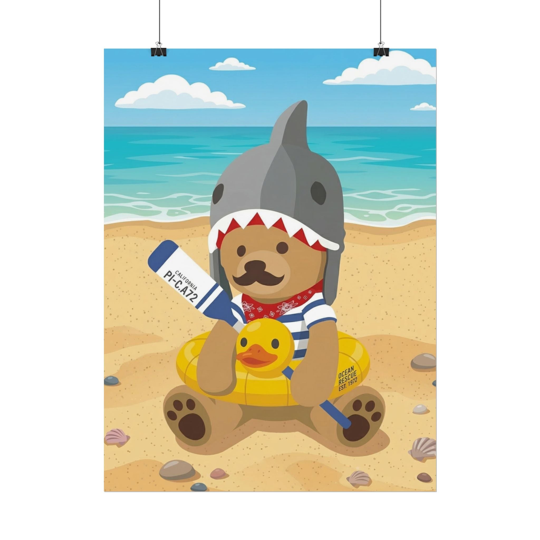 Bear in Shark Hat and ducky lifebuoy Beach Poster | Rolled Poster, Cute Summer Animal Wall Art