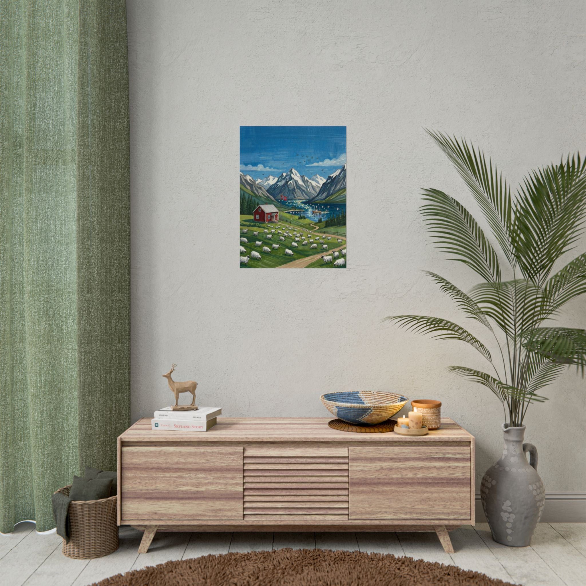 Norwegian Fjord Sheep Pasture Rolled Poster | Mountain Lake Landscape