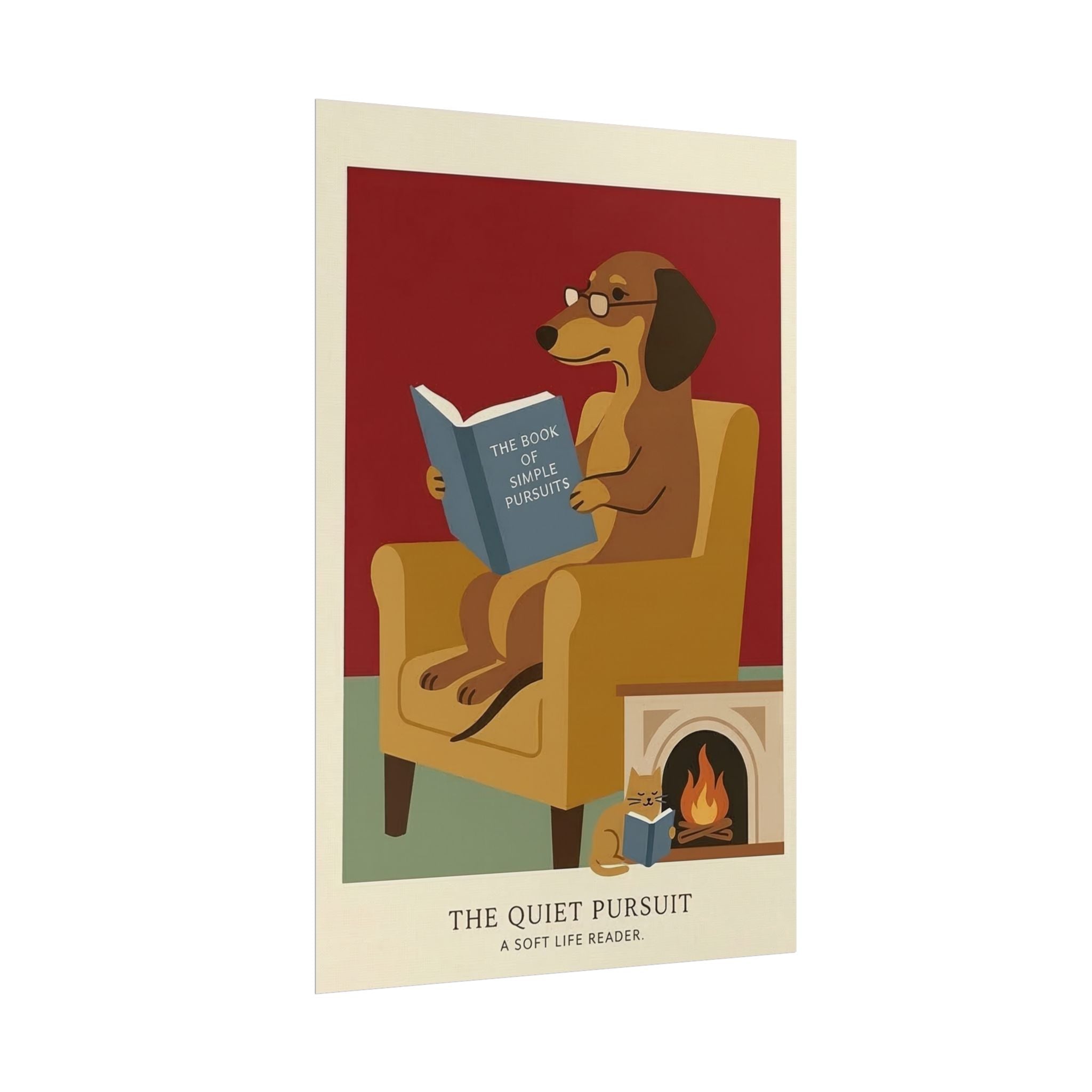The Quiet Pursuit Reading Dog Rolled Poster | Booklover Wall Art, Fireplace Illustration