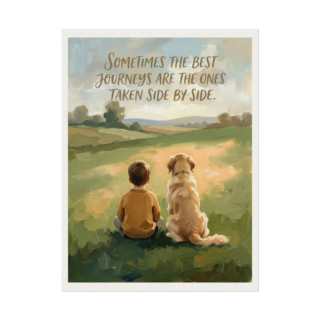 Boy and Dog Watching Sunset Rolled Poster | Minimalistic acrylic art poster