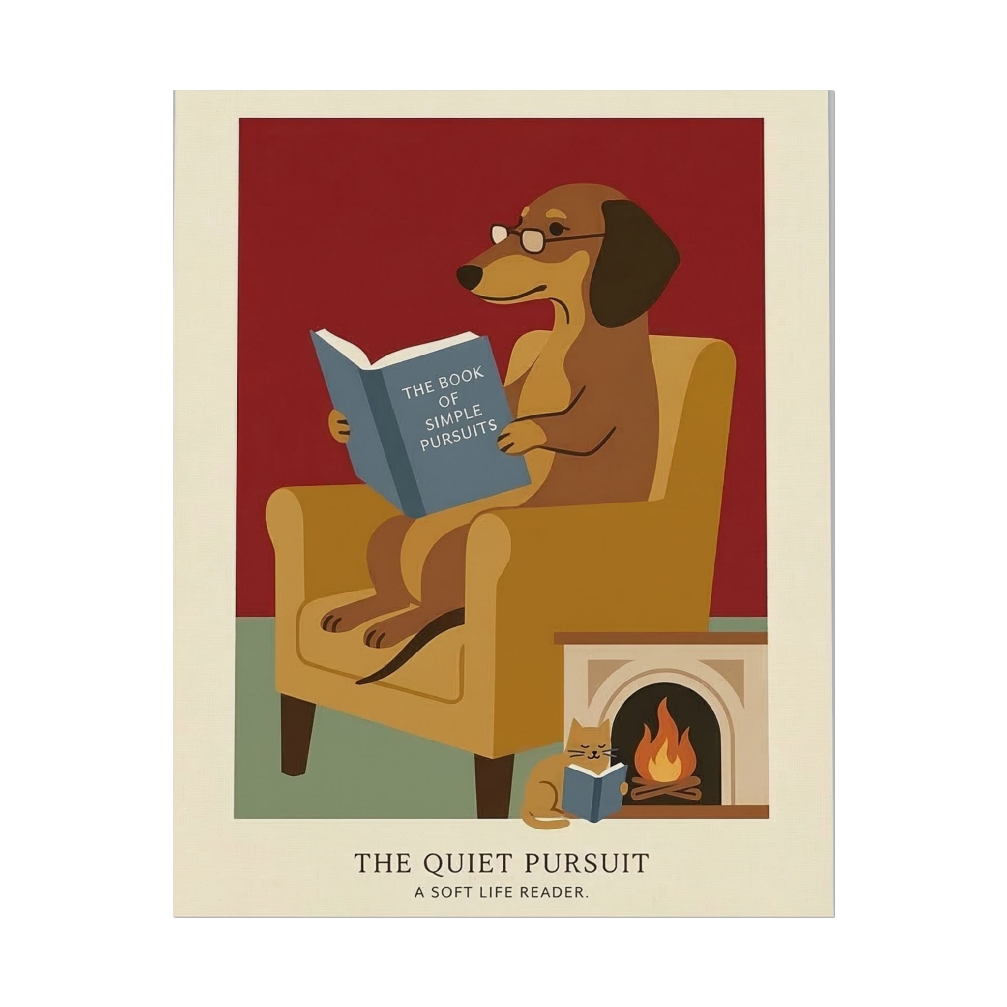 The Quiet Pursuit Reading Dog Rolled Poster | Booklover Wall Art, Fireplace Illustration