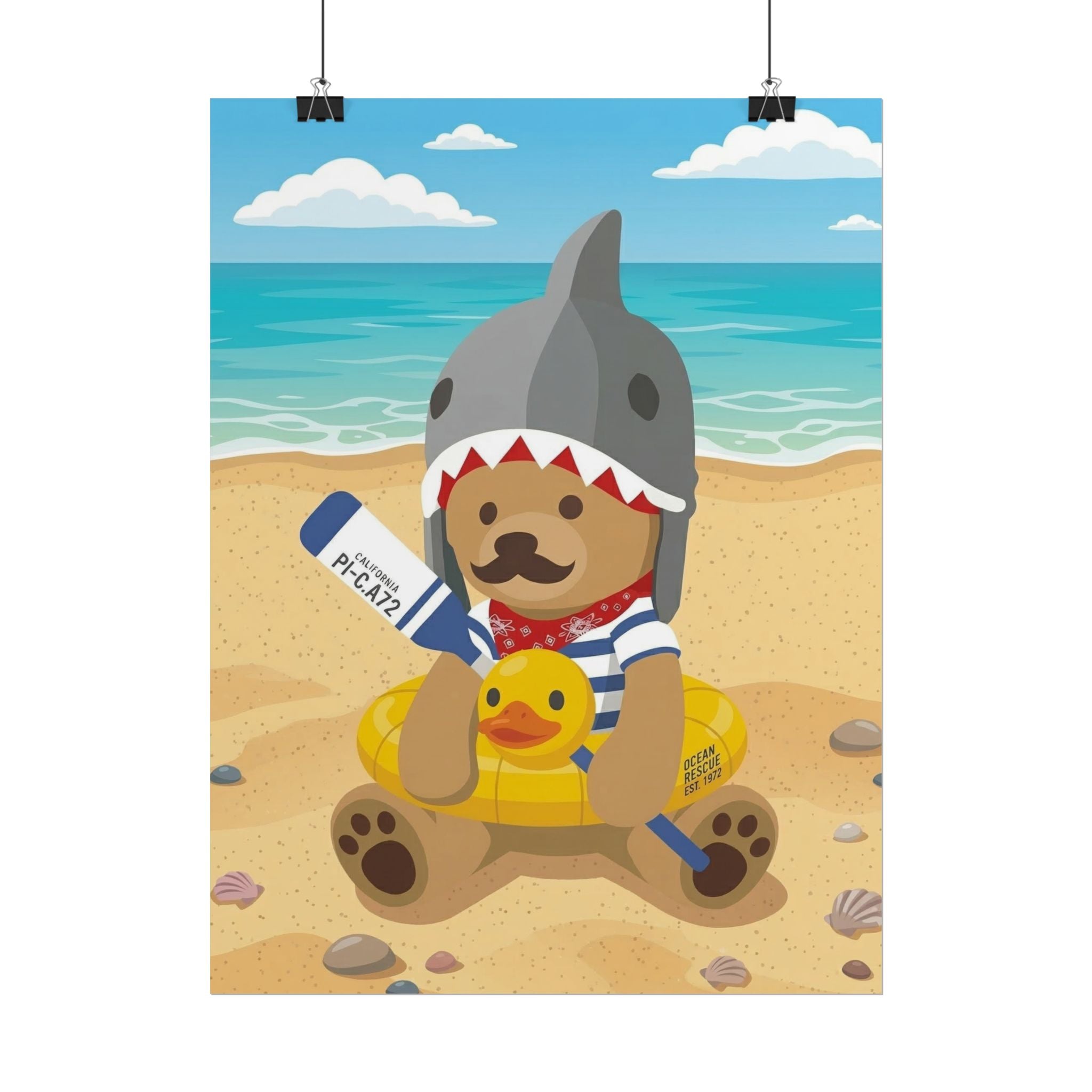 Bear in Shark Hat and ducky lifebuoy Beach Poster | Rolled Poster, Cute Summer Animal Wall Art