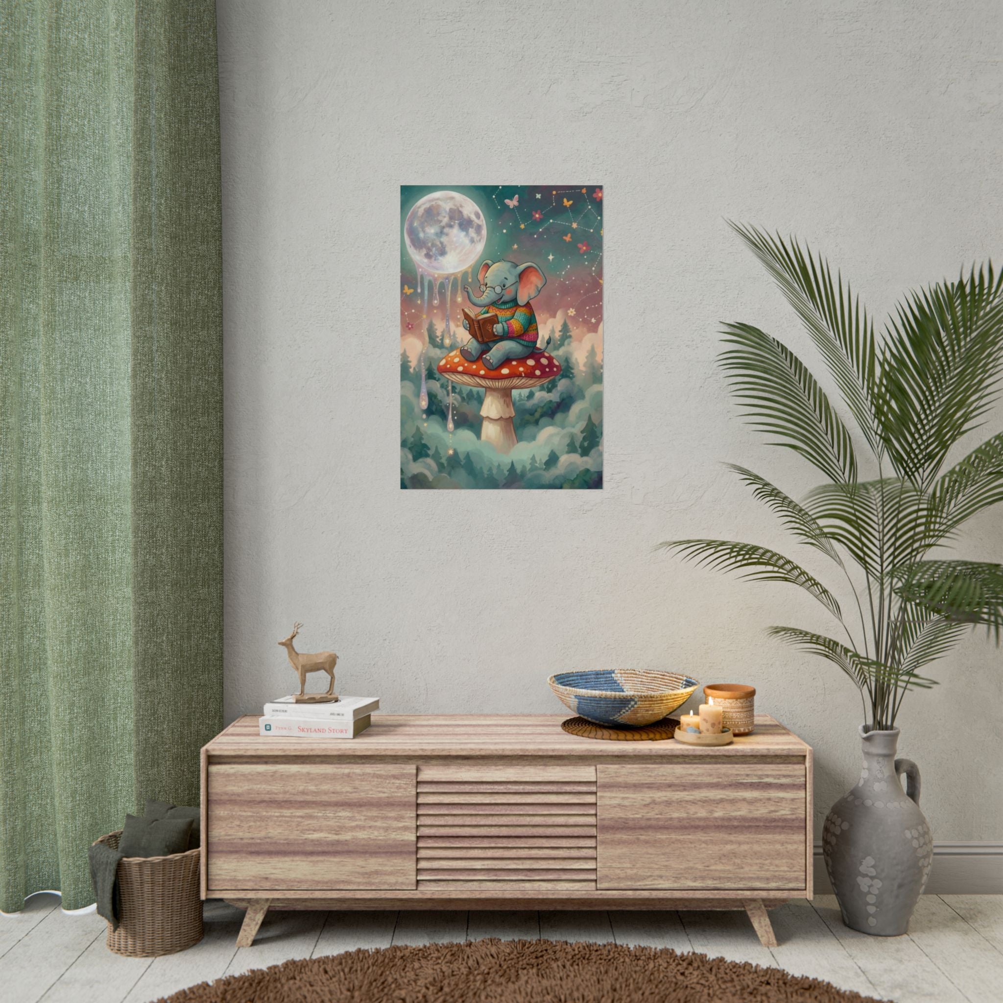 Elephant Reading on Mushroom Rolled Posters | Whimsical Night Sky Illustration
