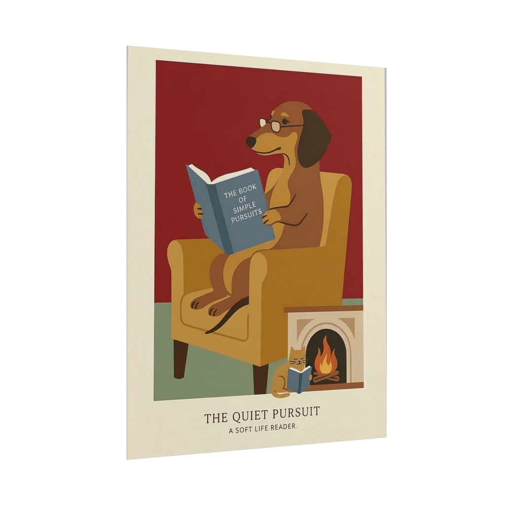 The Quiet Pursuit Reading Dog Rolled Poster | Booklover Wall Art, Fireplace Illustration