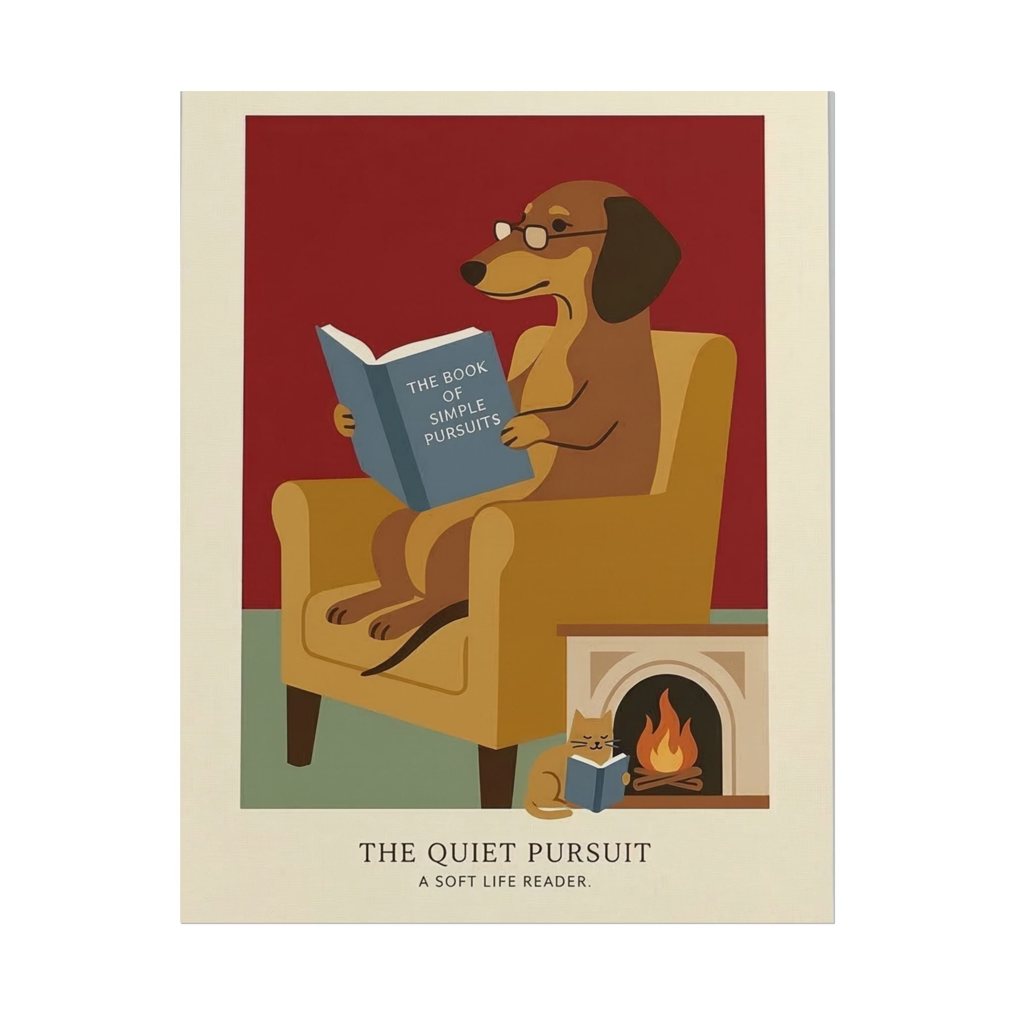 The Quiet Pursuit Reading Dog Rolled Poster | Booklover Wall Art, Fireplace Illustration