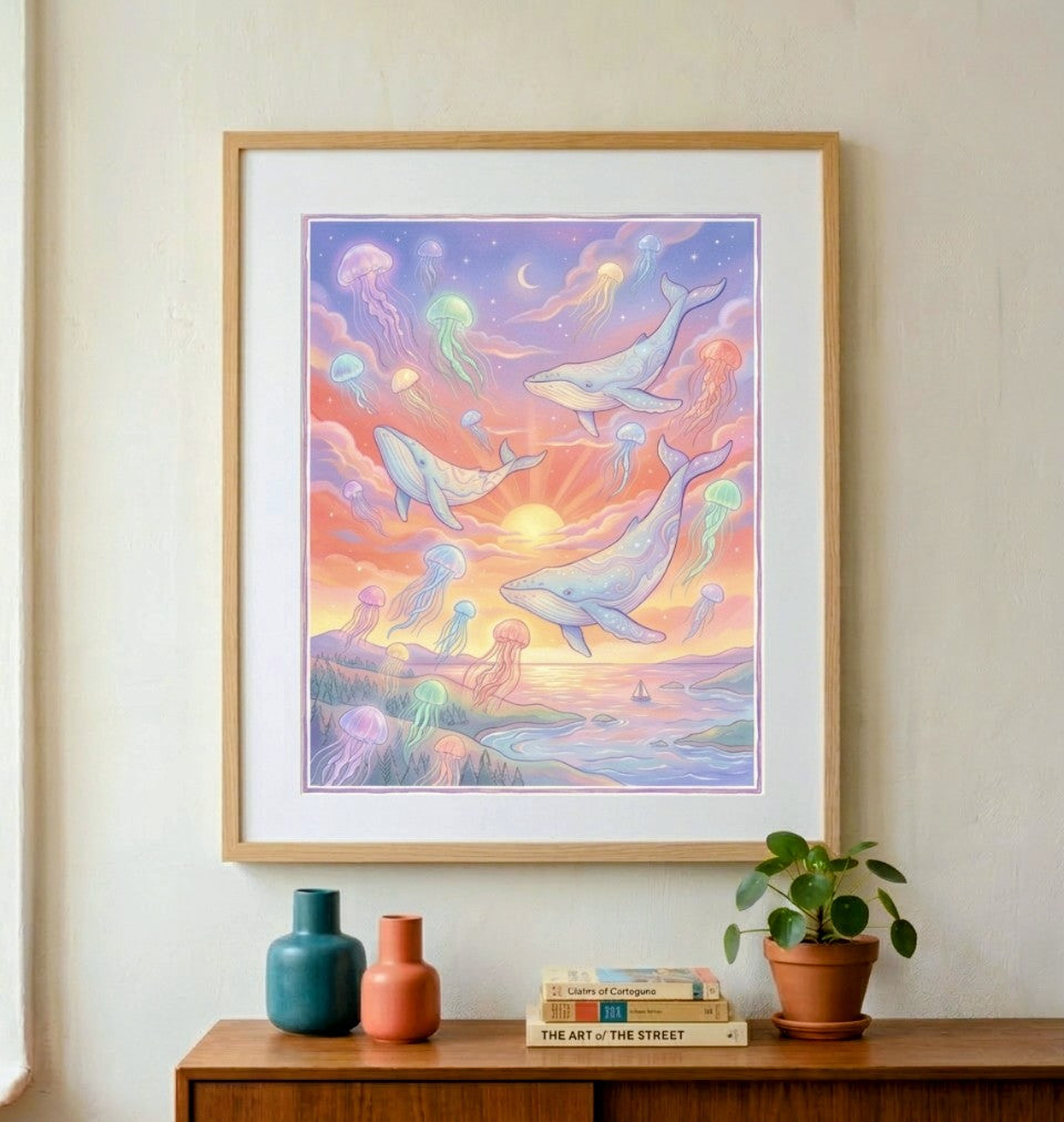 Whale and Jellyfish Sunset Whimsical Rolled Poster | Ocean Fantasy Wall Art